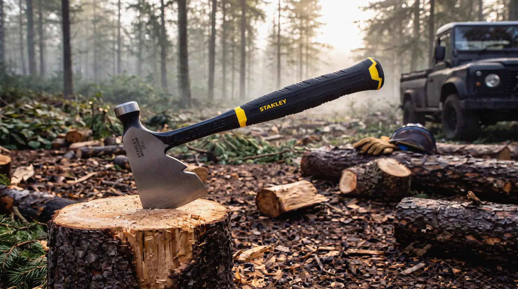 Stanley Axt mit schwarzem Griff steckt in einem Baumstumpf, Holz und Auto im Wald.