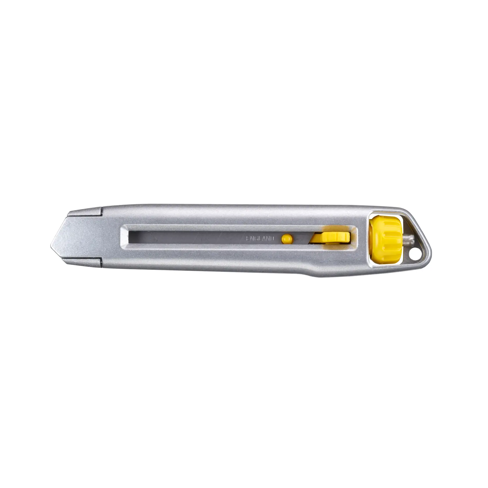 STANLEY 0-10-018 silbernes Universalmesser mit gelben Akzenten, Draufsicht, weißer Hintergrund.