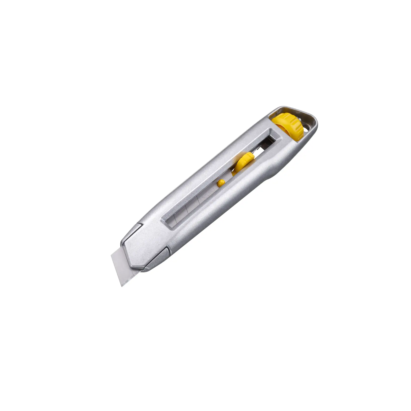 STANLEY 0-10-018 silbernes Universalmesser mit einziehbarer Klinge, schräge Ansicht auf Weiß.