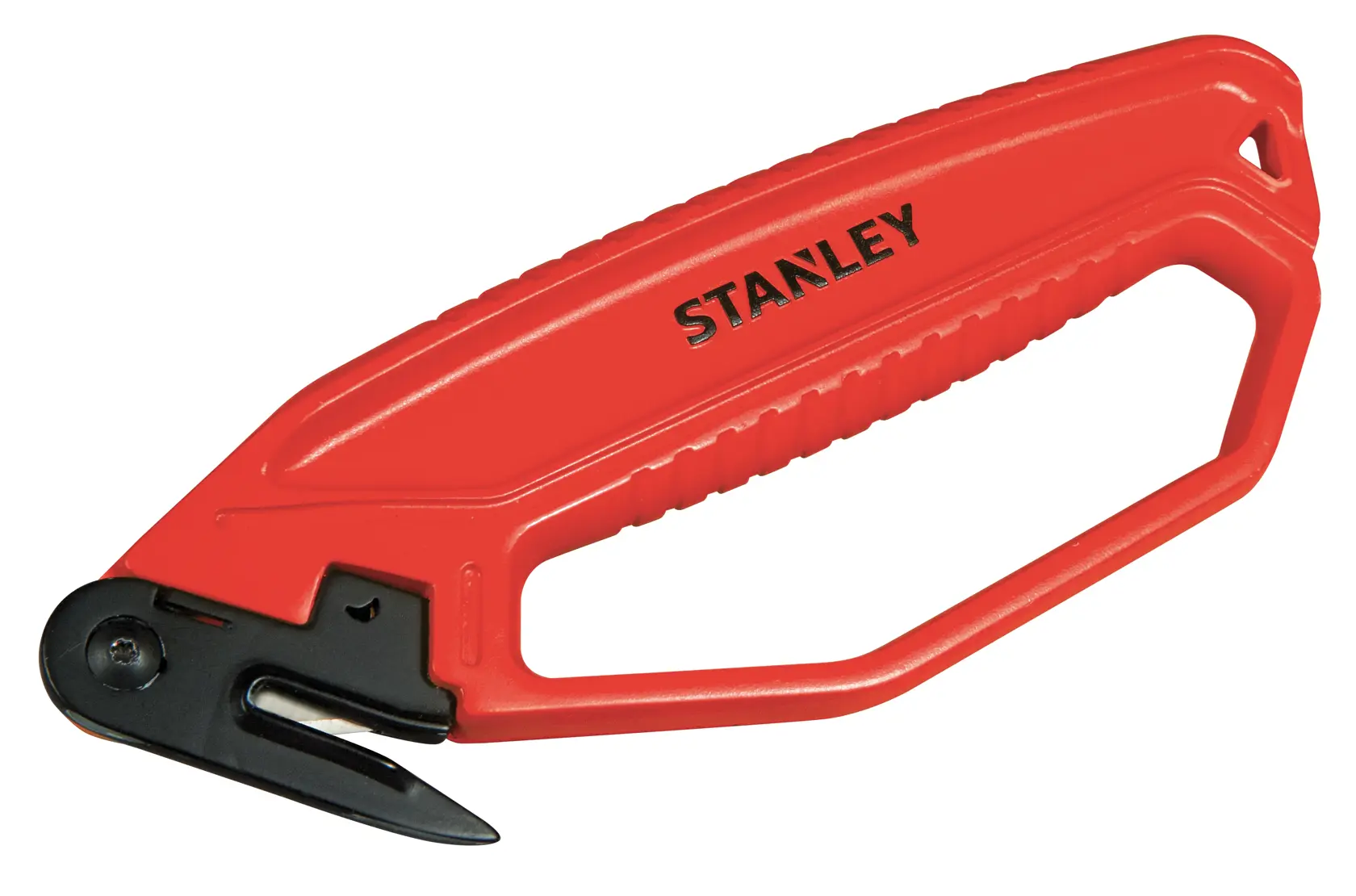 Rotes STANLEY Sicherheitsmesser mit ergonomischem Griff und geschützter Klinge zum Schneiden von Verpackungen.