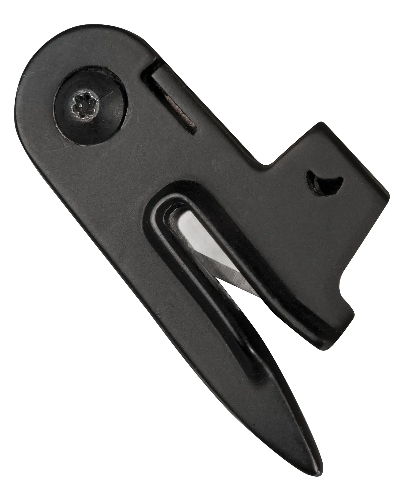 STANLEY 0-10-245 schwarze Kunststoff- und Metall-Schnurenschneider, Vorderansicht auf weißem Hintergrund.