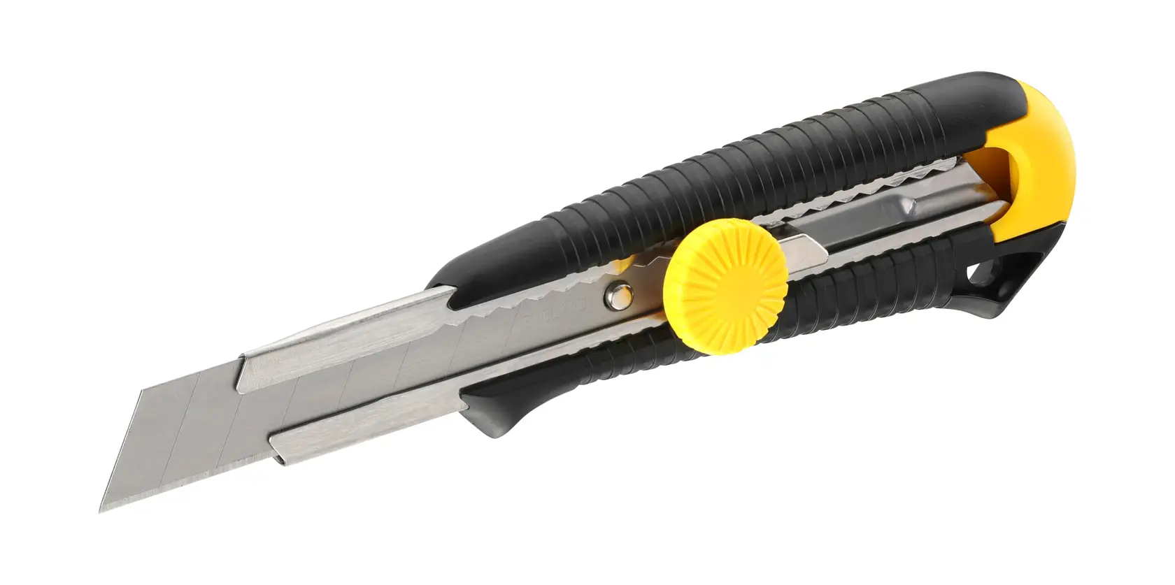 STANLEY 0-10-418 Universalmesser mit schwarz-gelbem Griff, Seitenansicht, einziehbare Segmentklinge.