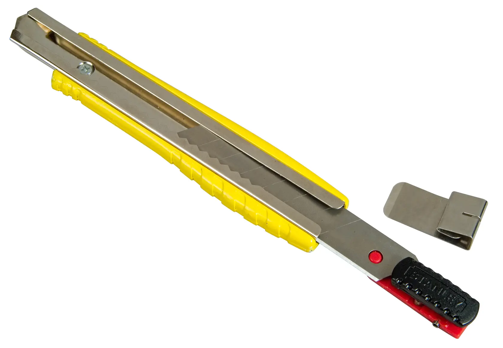 STANLEY 0-10-421 Abbrechmesser mit gelbem Griff und abnehmbarem Metallclip, seitlicher Produktwinkel.