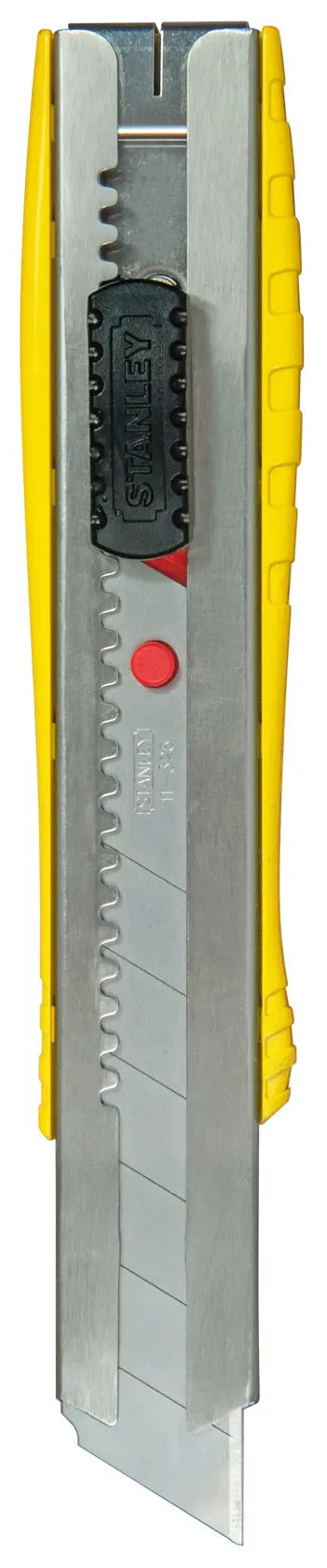 STANLEY 0-10-431 Abbrechklingenmesser, gelb und silber, Frontansicht auf weißem Hintergrund.