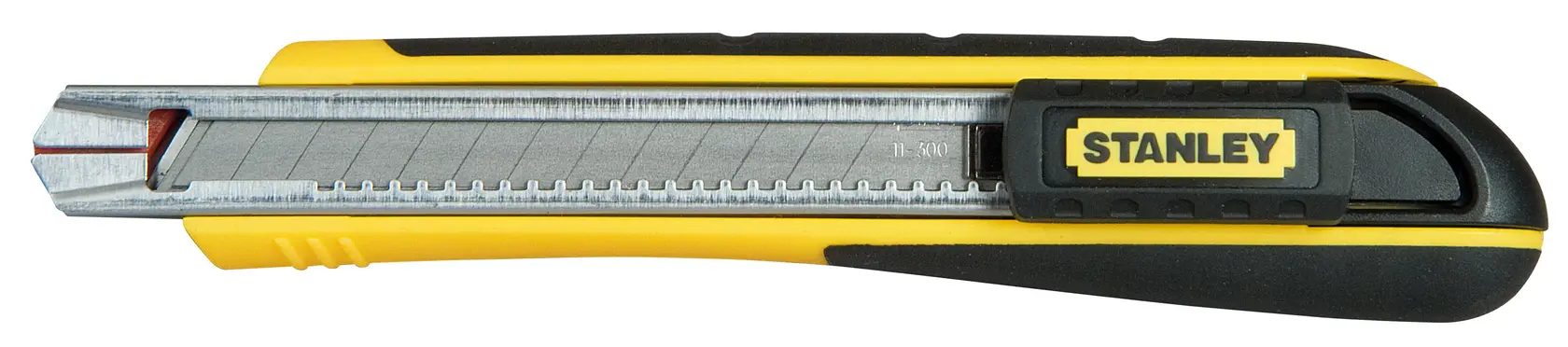 STANLEY 0-10-475 Cuttermesser, gelb-schwarz, Seitenansicht, segmentierte Klinge, Produktfoto.