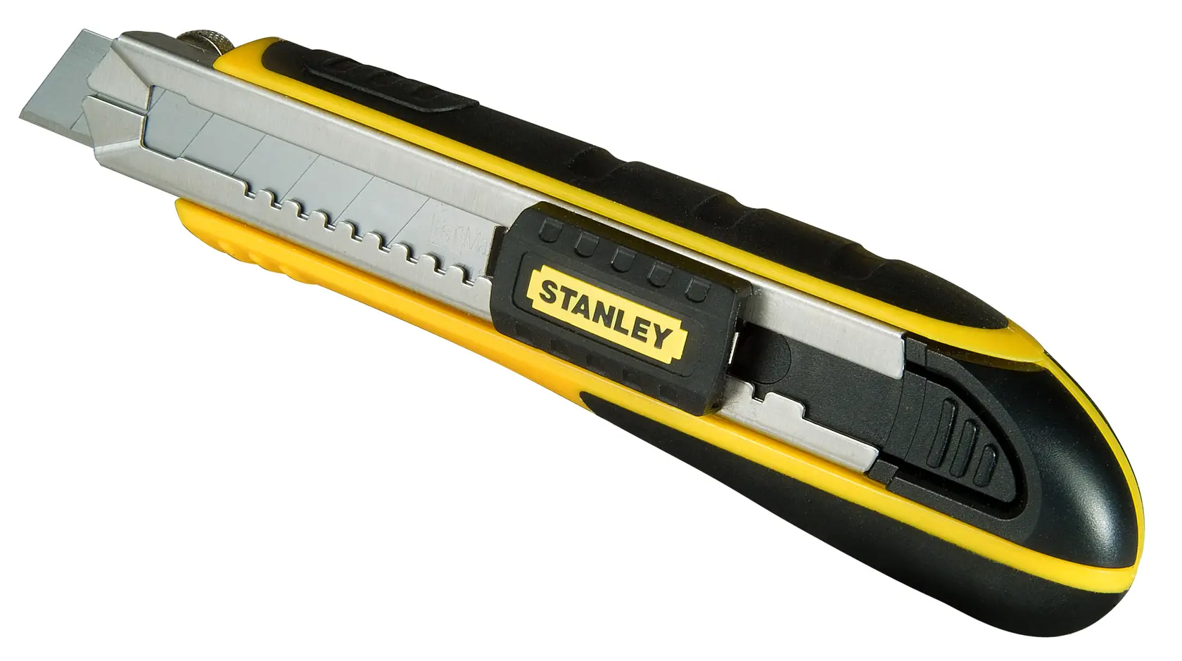 Stanley 0-10-481 Universalmesser, schwarz-gelb, Seitenansicht auf weißem Hintergrund, einziehbare Klinge.