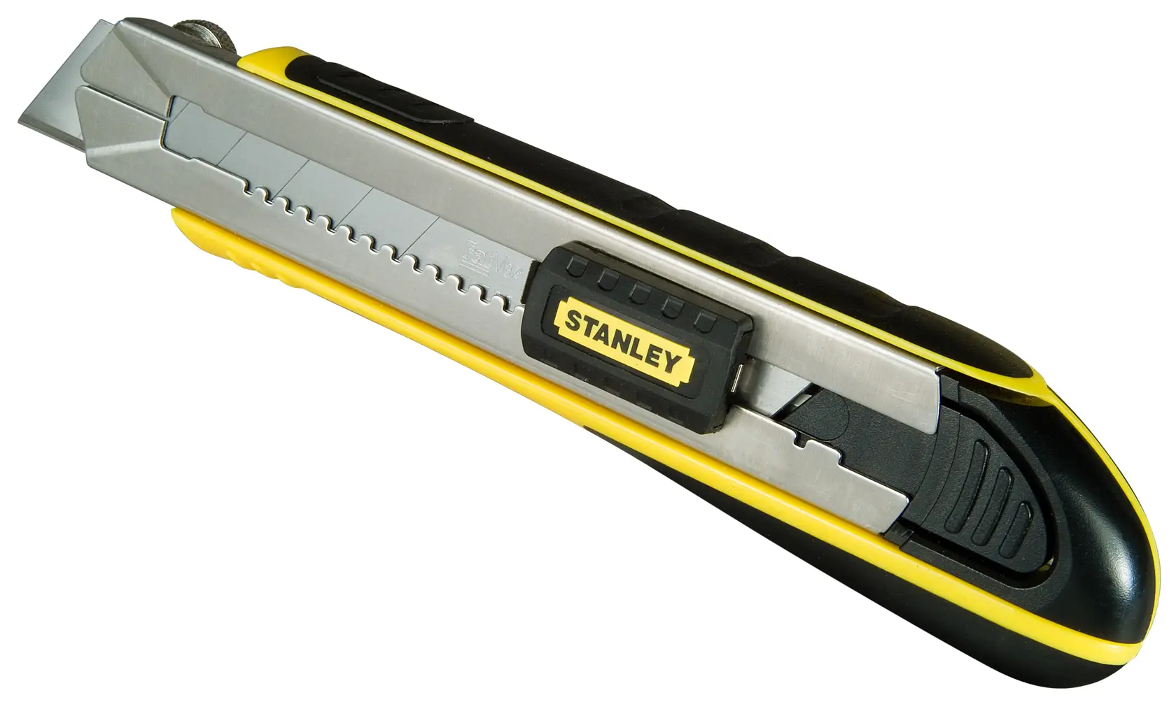 Foto des STANLEY 0-10-486 Cuttermessers mit einziehbarer Segmentklinge, gelb-schwarzer Griff, Seitenansicht.