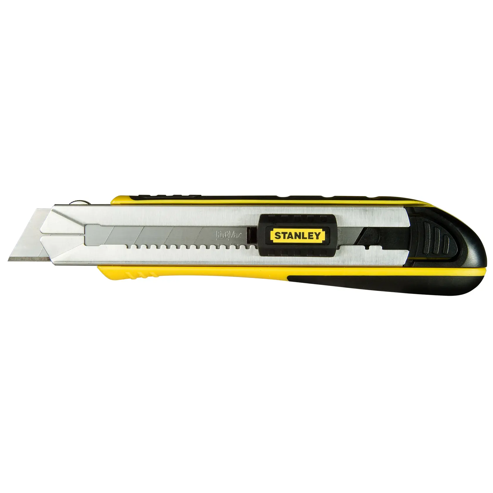 STANLEY 0-10-486 Universalmesser gelb und schwarz, Seitenansicht auf weißem Hintergrund.