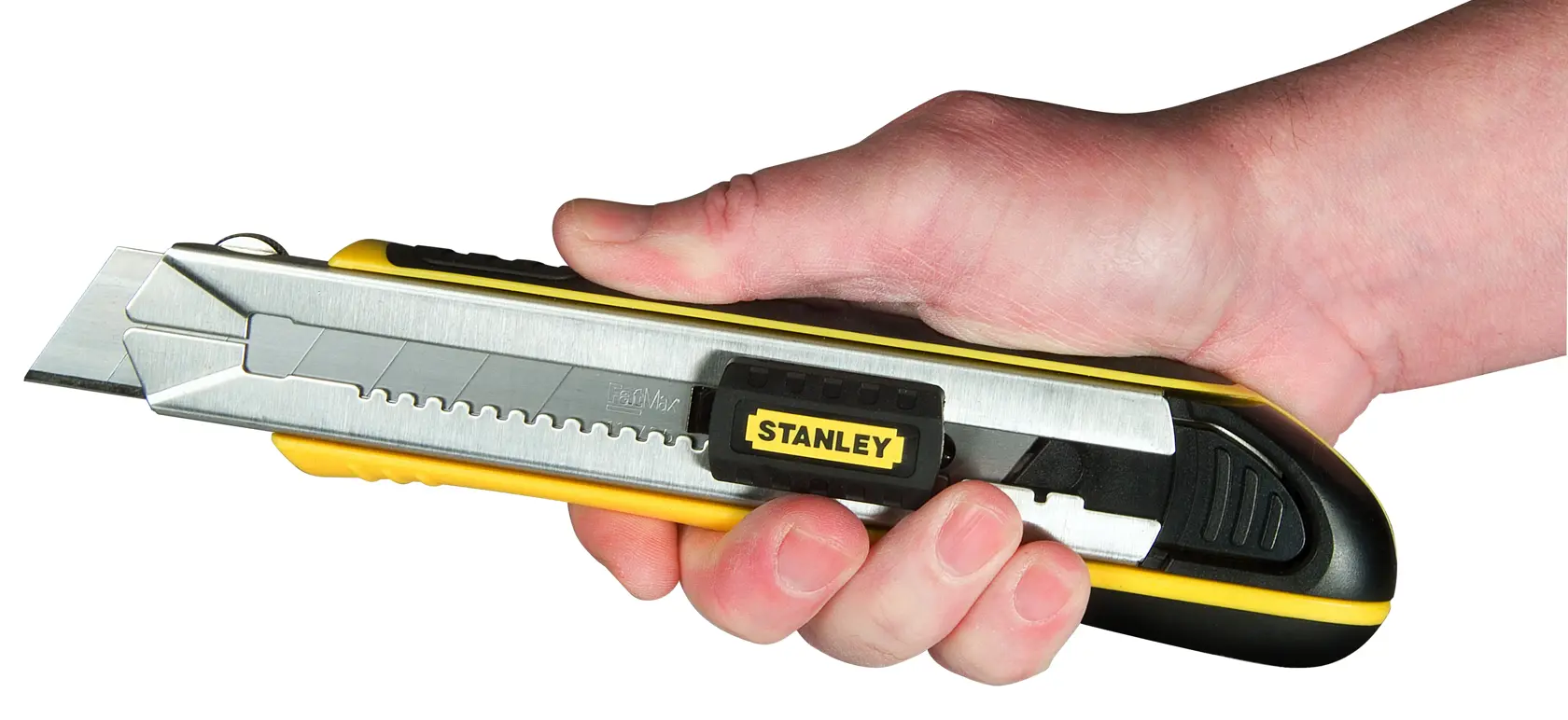 Foto vom STANLEY 0-10-486 Universalmesser mit gelb-schwarzem Griff, in der Hand gehalten, Seitenansicht.