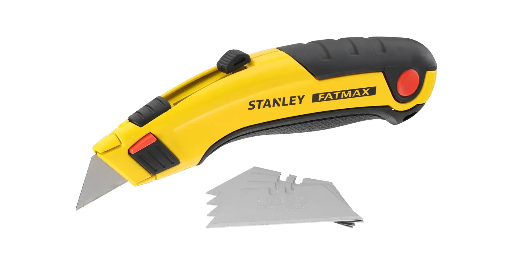 STANLEY 0-10-778 Universalmesser mit gelb-schwarzem Griff, Ersatzklingen, linke Ansicht auf weiß.