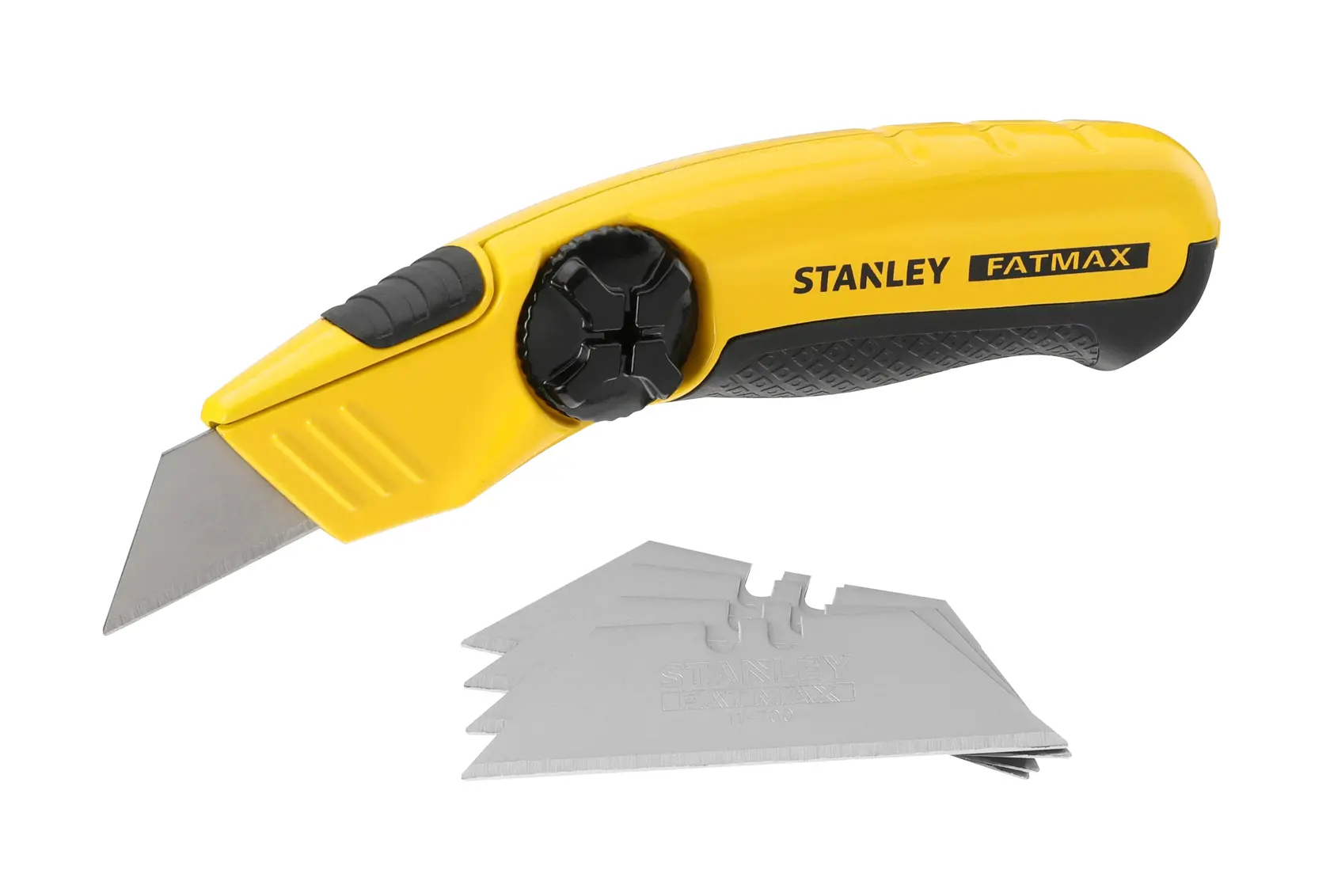 STANLEY 0-10-780 Klappbares Universalmesser mit gelbem Griff und Ersatzklingen, Produktfoto, schräge Ansicht.
