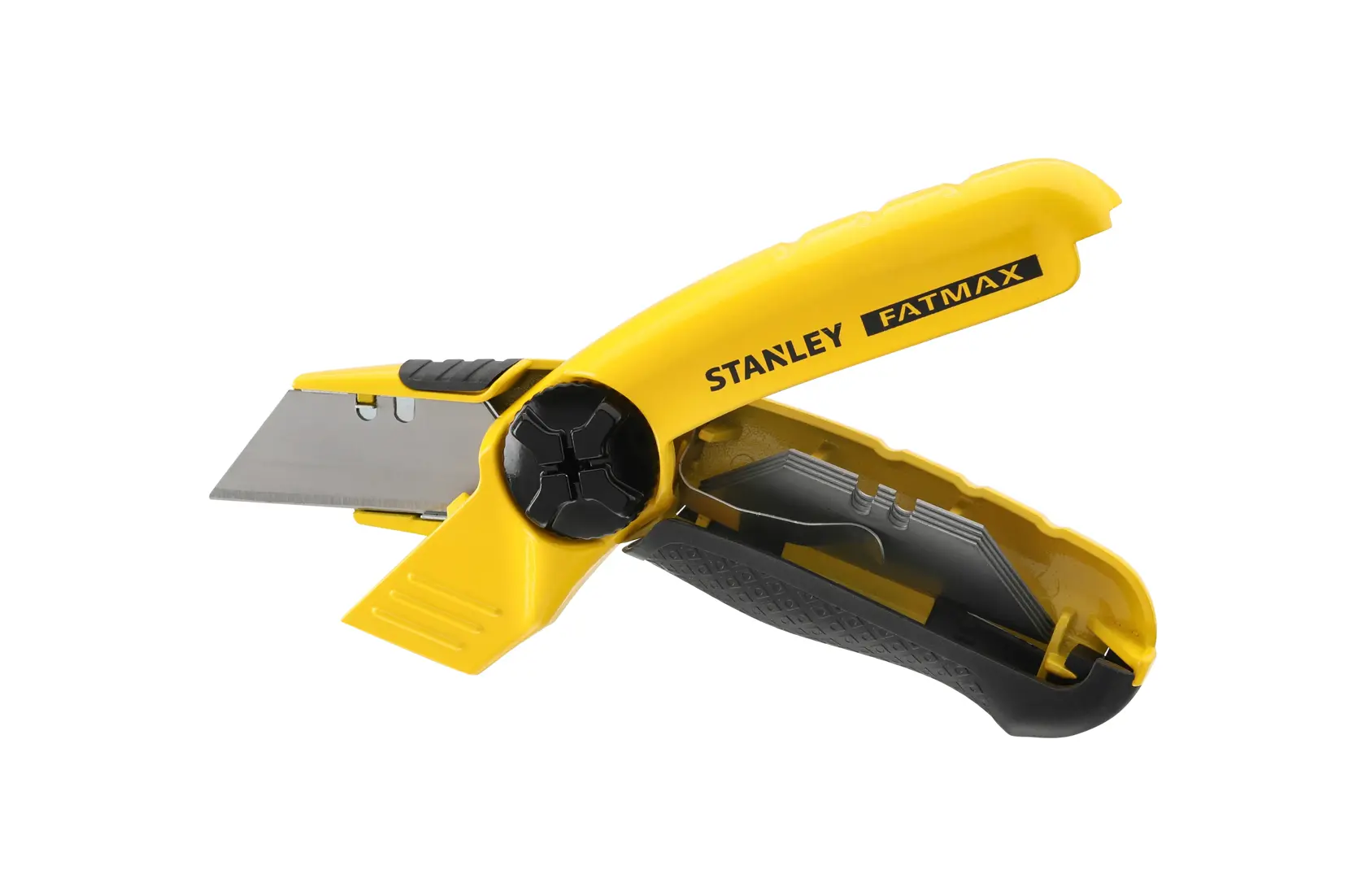 STANLEY 0-10-780 Universalmesser mit gelb-schwarzem Gehäuse, ausgefahrener Klinge, weißer Hintergrund, Seitenansicht.