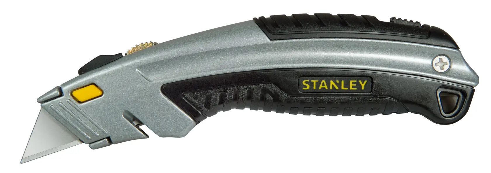 STANLEY 0-10-788 Universalmesser mit ergonomischem schwarz-silbernem Griff, Seitenansicht links auf weißem Hintergrund.