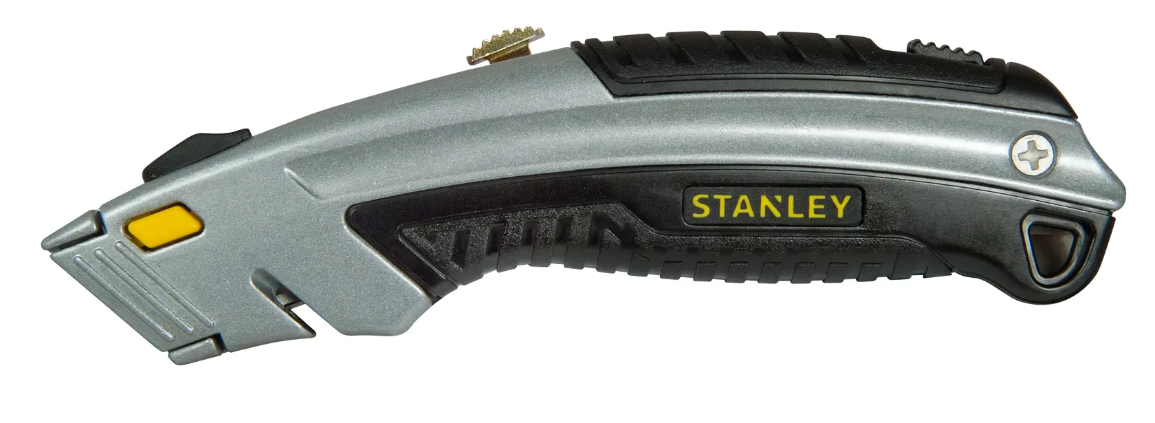 STANLEY 0-10-788 silber-schwarzes Universalmesser, Seitenansicht, mit ergonomischem Griff, Fotografie auf weißem Hintergrund.