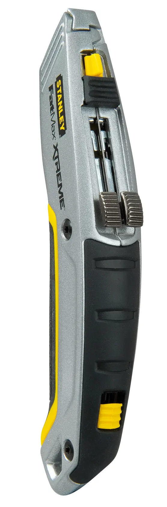 STANLEY 0-10-789 Universalmesser, silber und schwarz, Seitenansicht, ergonomischer Griff und Klingenfach.
