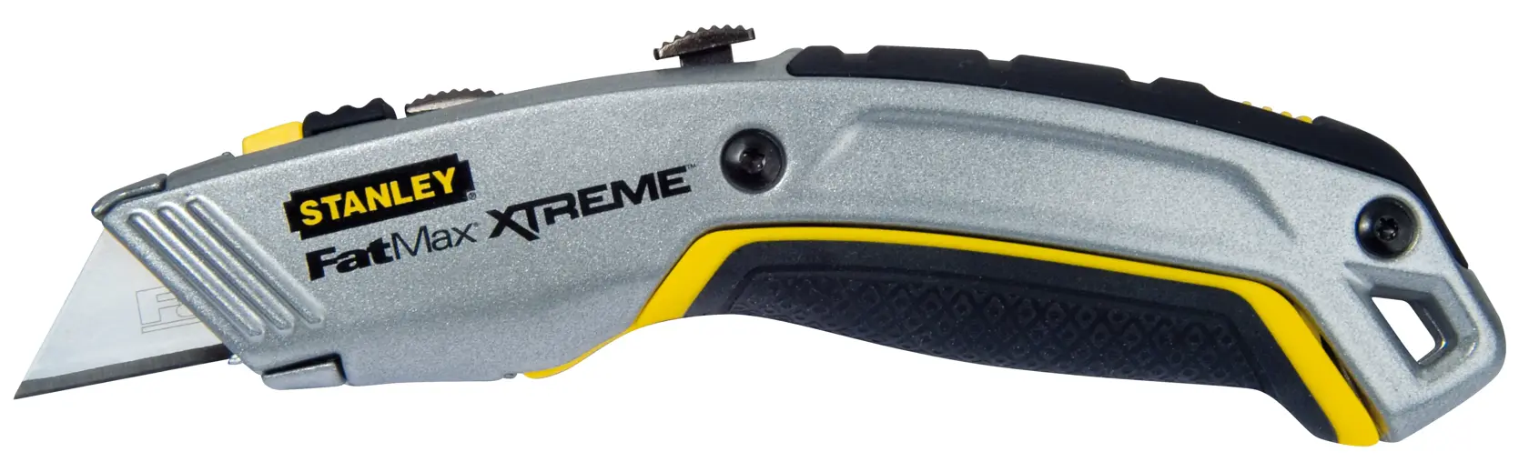 STANLEY 0-10-789 Universalmesser, Modell FatMax Xtreme, silber-schwarzer Griff, linke Seitenansicht.