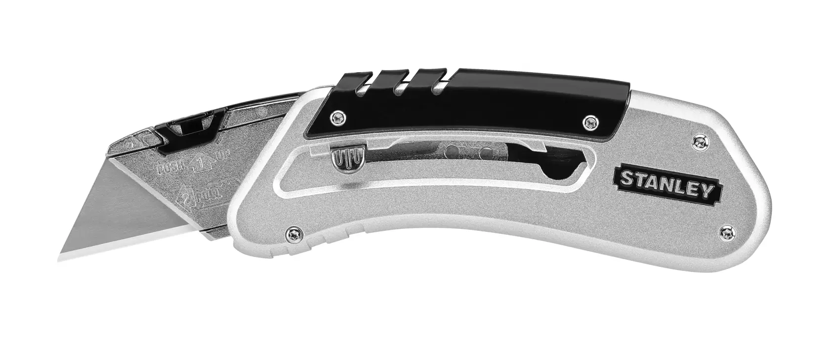 STANLEY 0-10-810 Klappbares Universalmesser, silberner und schwarzer Griff, Seitenansicht auf weißem Hintergrund.