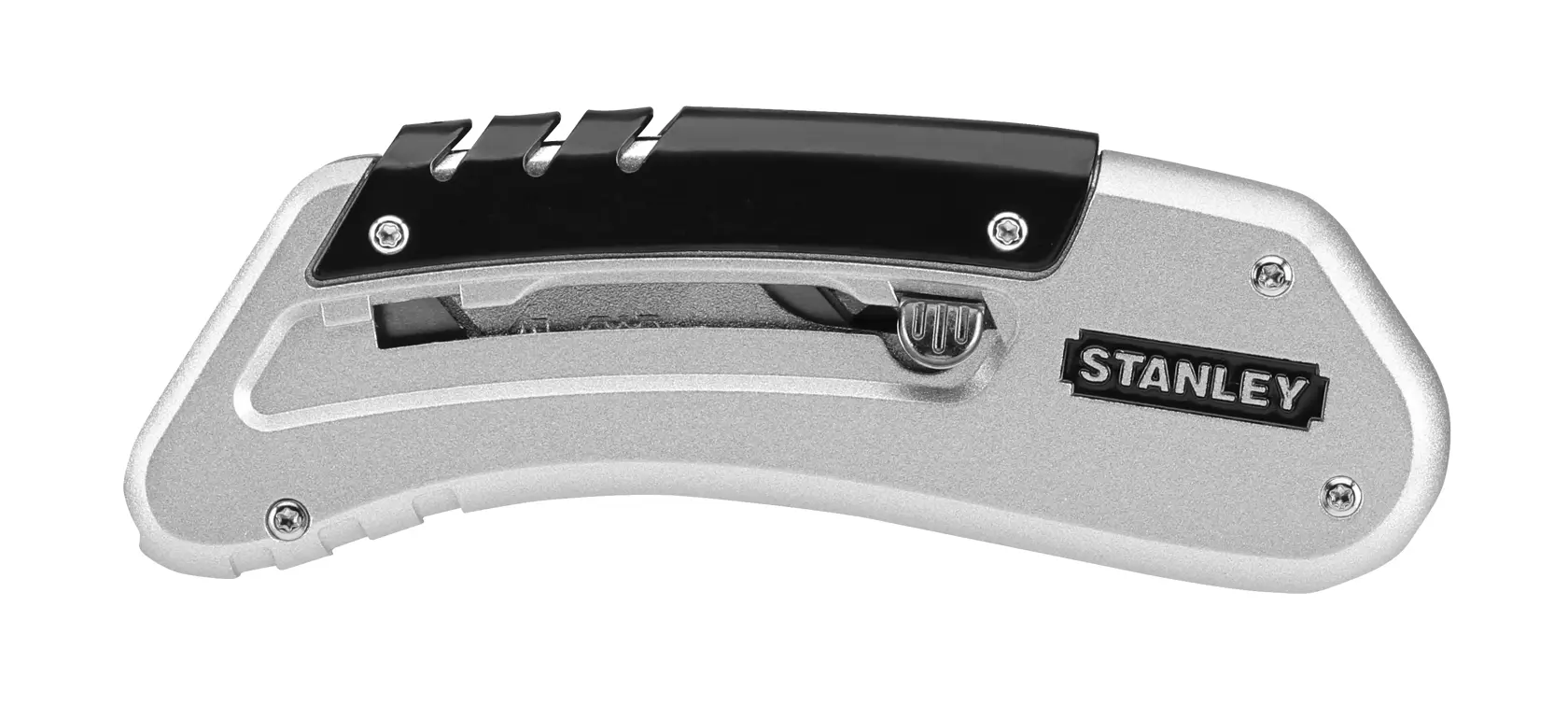 STANLEY 0-10-810 Universalmesser, silber und schwarz, Seitenansicht mit sichtbarer Klinge und Schrauben.