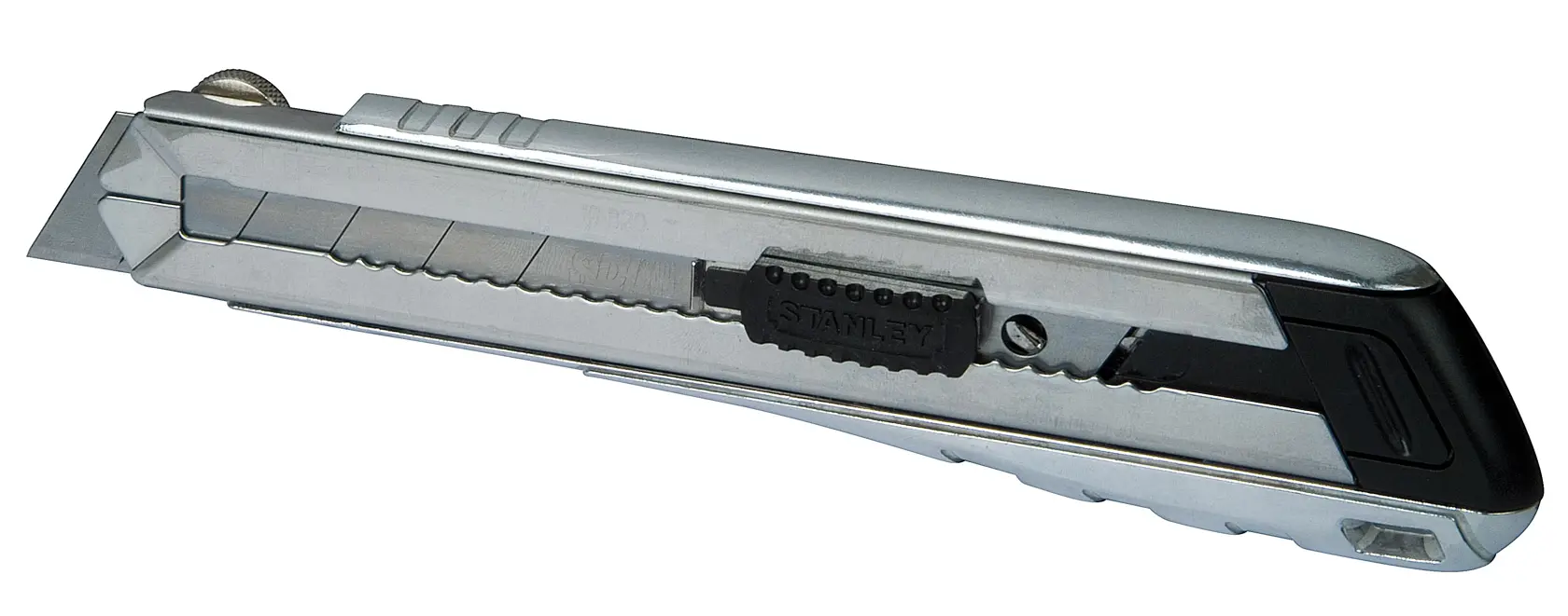 STANLEY 0-10-820 silbernes Universalmesser, Seitenansicht, mit schwarzem Schieber und sichtbarer Abbrechklinge.