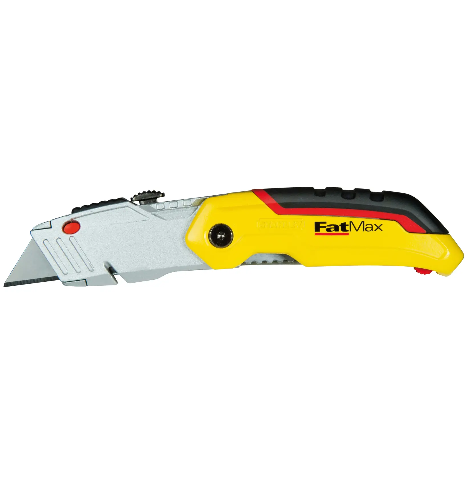 STANLEY 0-10-825 Universalmesser, gelb und schwarz mit silberner Klinge, Seitenansicht, FatMax-Logo am Griff.