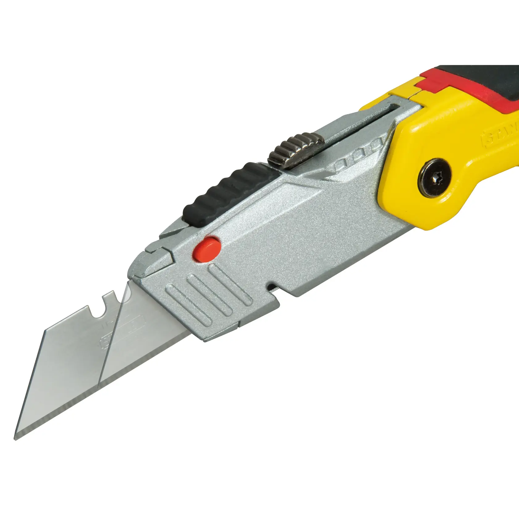 STANLEY 0-10-825 Universalmesser mit Metallgehäuse, einziehbarer Klinge und gelben Akzenten, seitliche Ansicht.