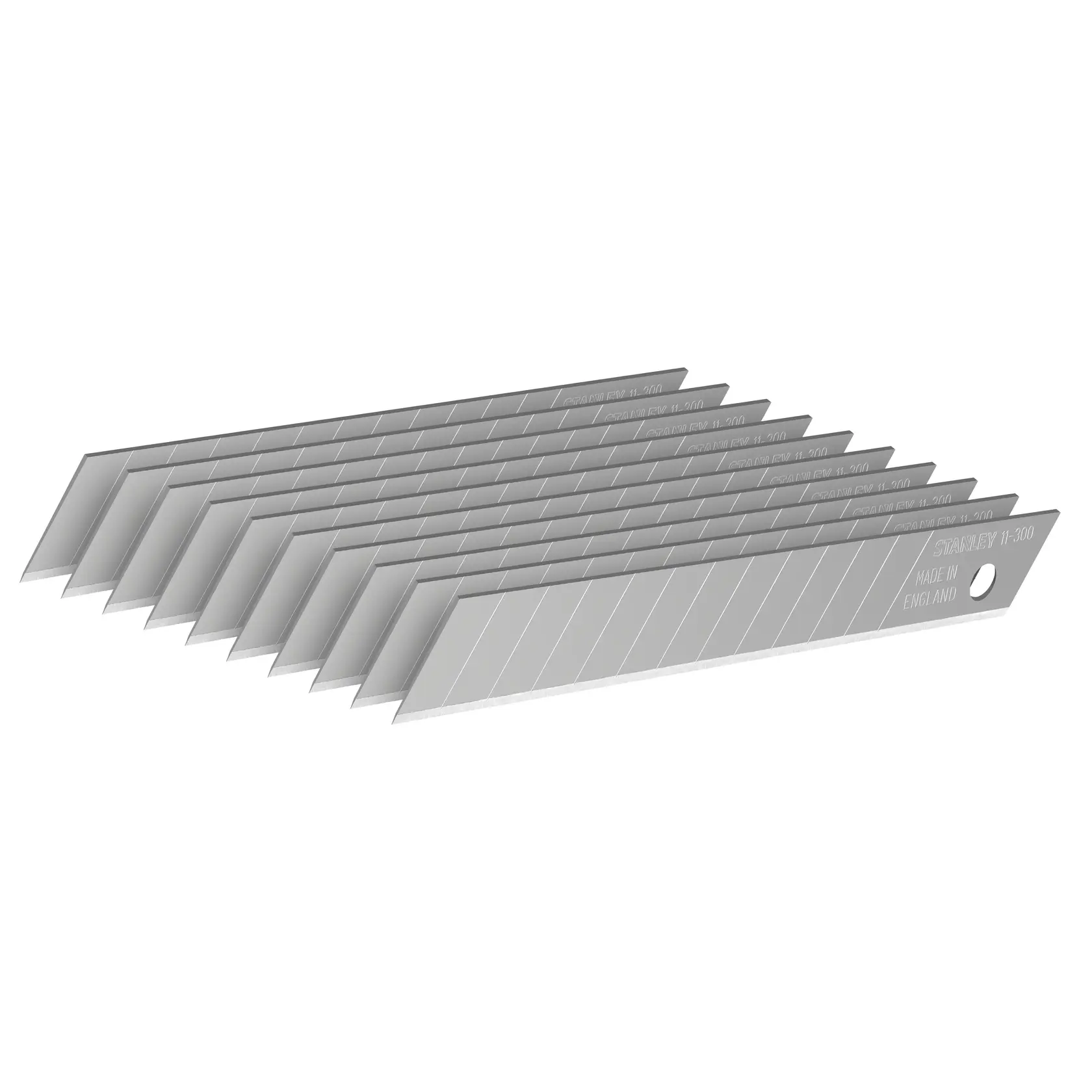 STANLEY 0-11-300 Abbrechklingen silber, Zehnerpack, schräge Ansicht auf weißem Hintergrund.