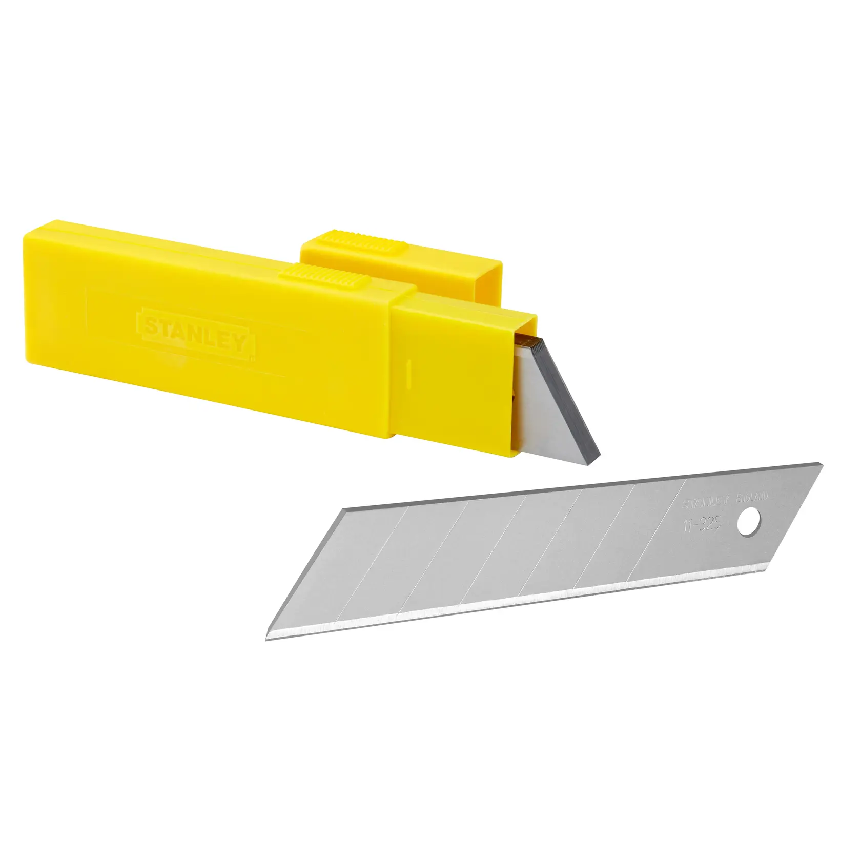 Stanley 0-11-325 Universalklinge mit gelbem Kunststoffgehäuse, abgewinkelte Klinge, segmentiert, Vorderansicht.