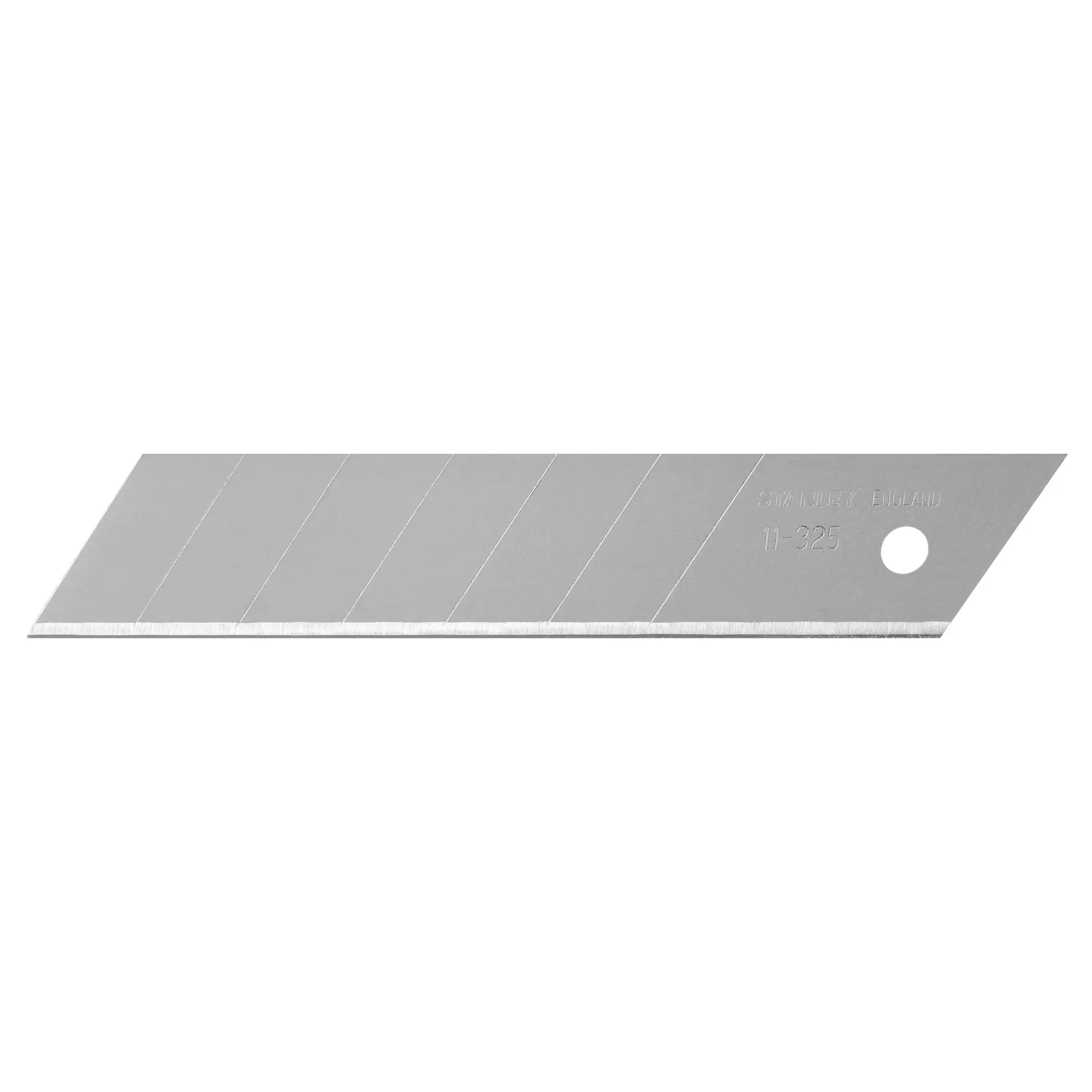 STANLEY 0-11-325 Abbrechklingenmesser, silber, Einzelklinge, Seitenansicht auf weißem Hintergrund.