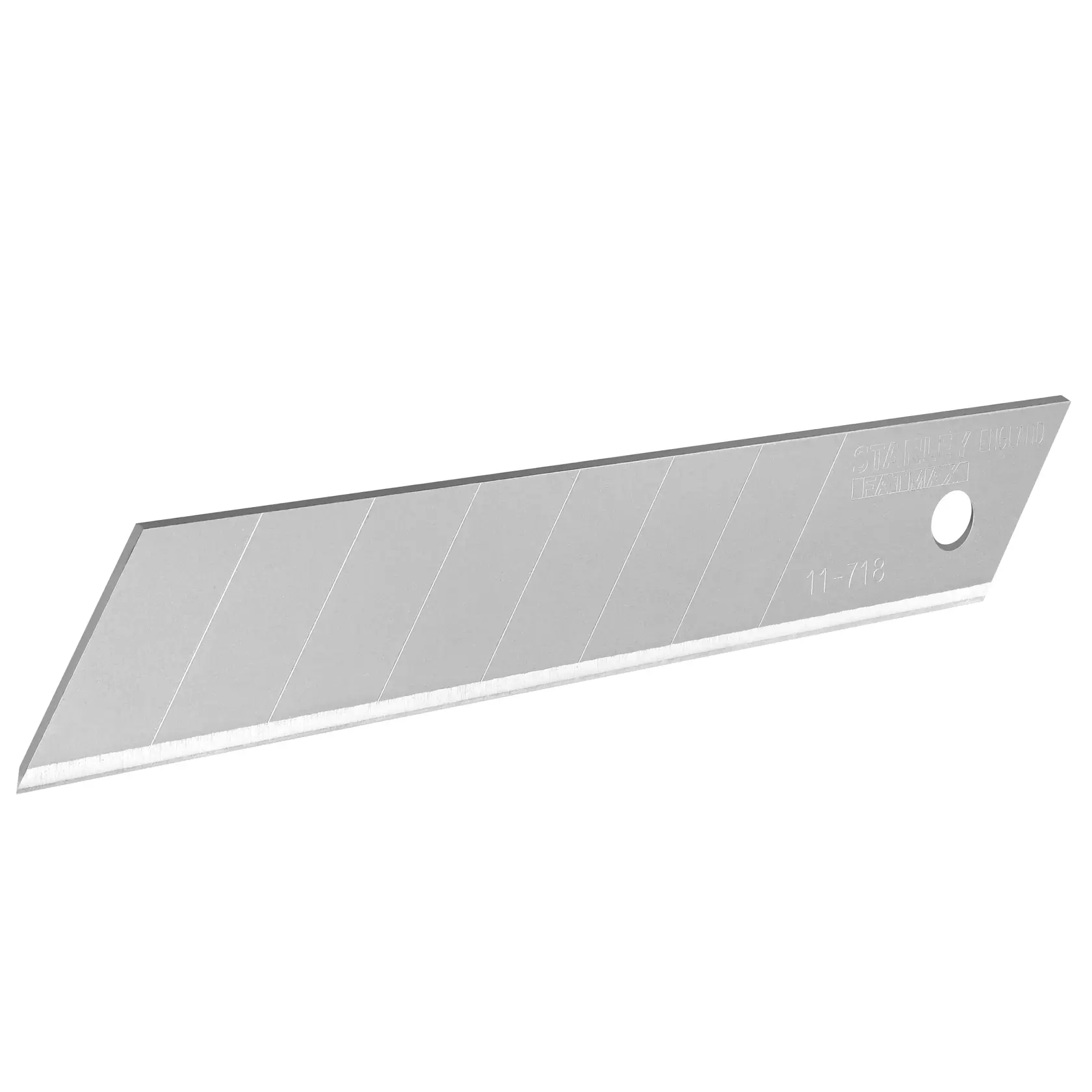 STANLEY 0-11-718 Abbrechklingenmesser Klinge, silbernes Metall, Seitenansicht auf weißem Hintergrund.