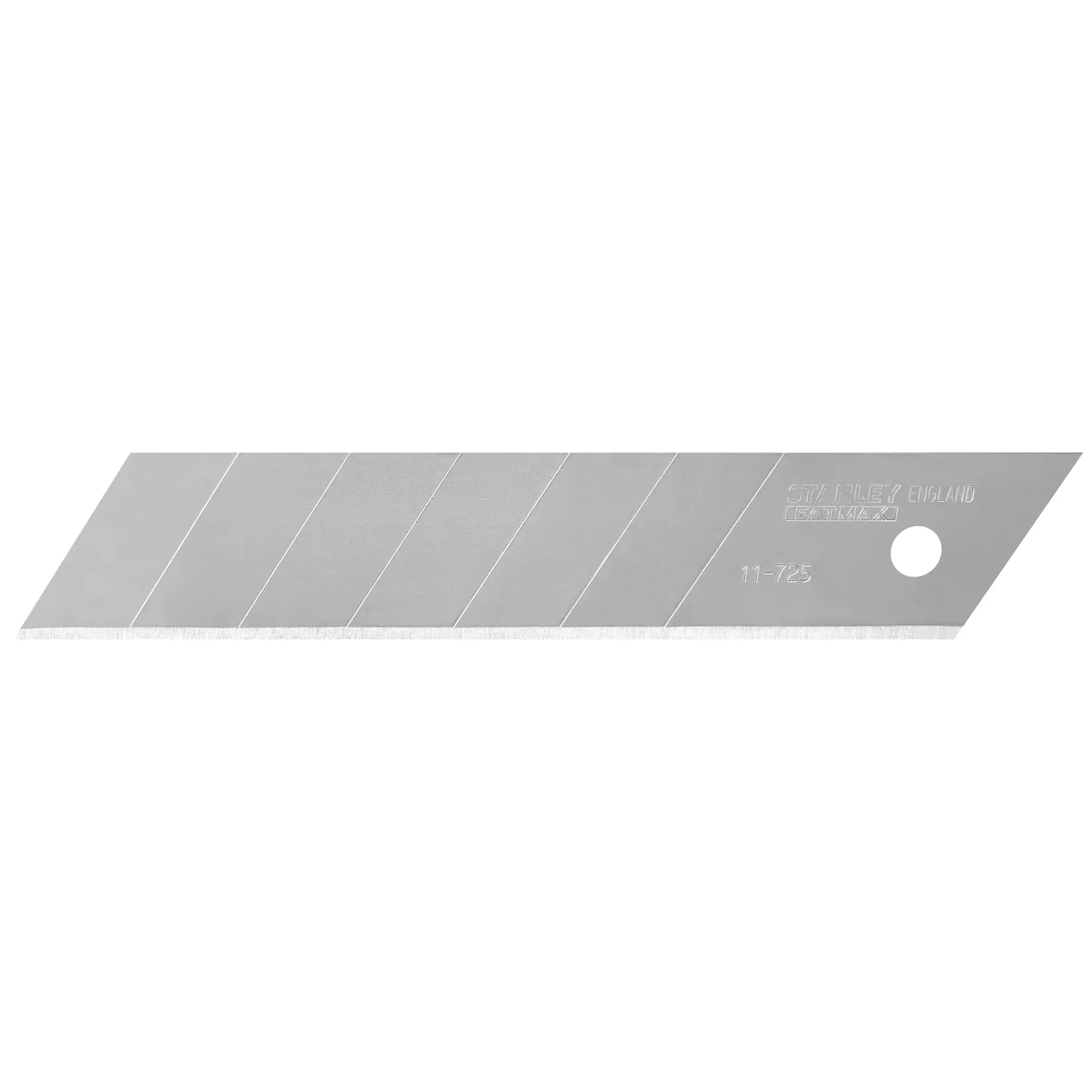 Segmentierte Ersatzklinge für Cutter, silberfarben, rechteckig mit Loch nahe dem Ende.