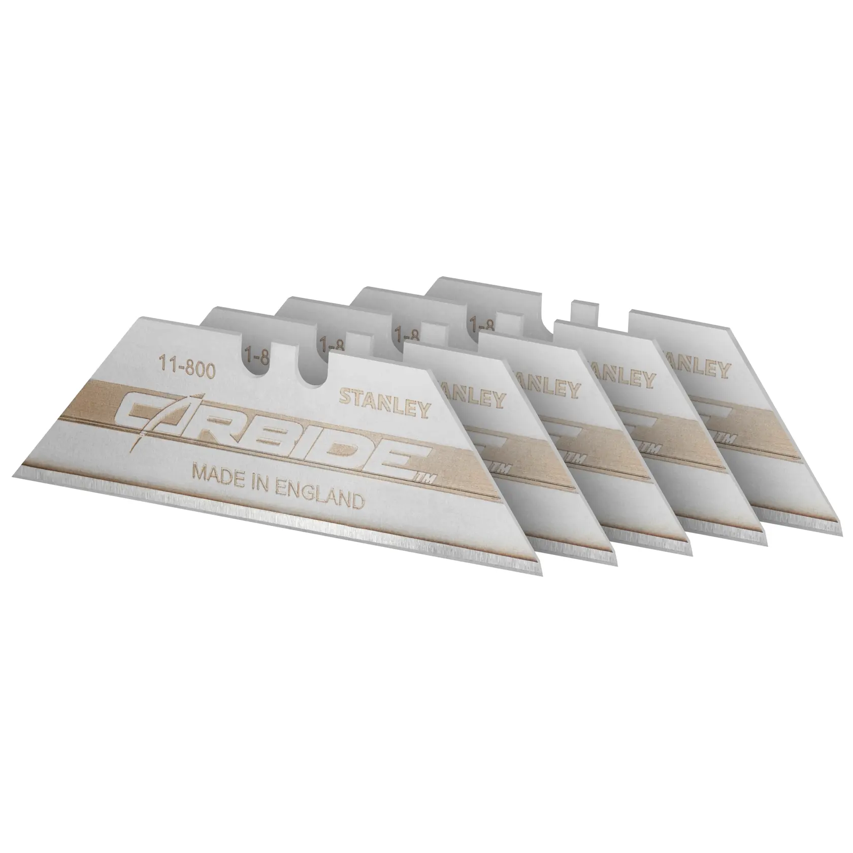 STANLEY 0-11-800 Universalmesser-Klingen, silber, Fünferpack, schräge Ansicht, CARBIDE-Markierung sichtbar.
