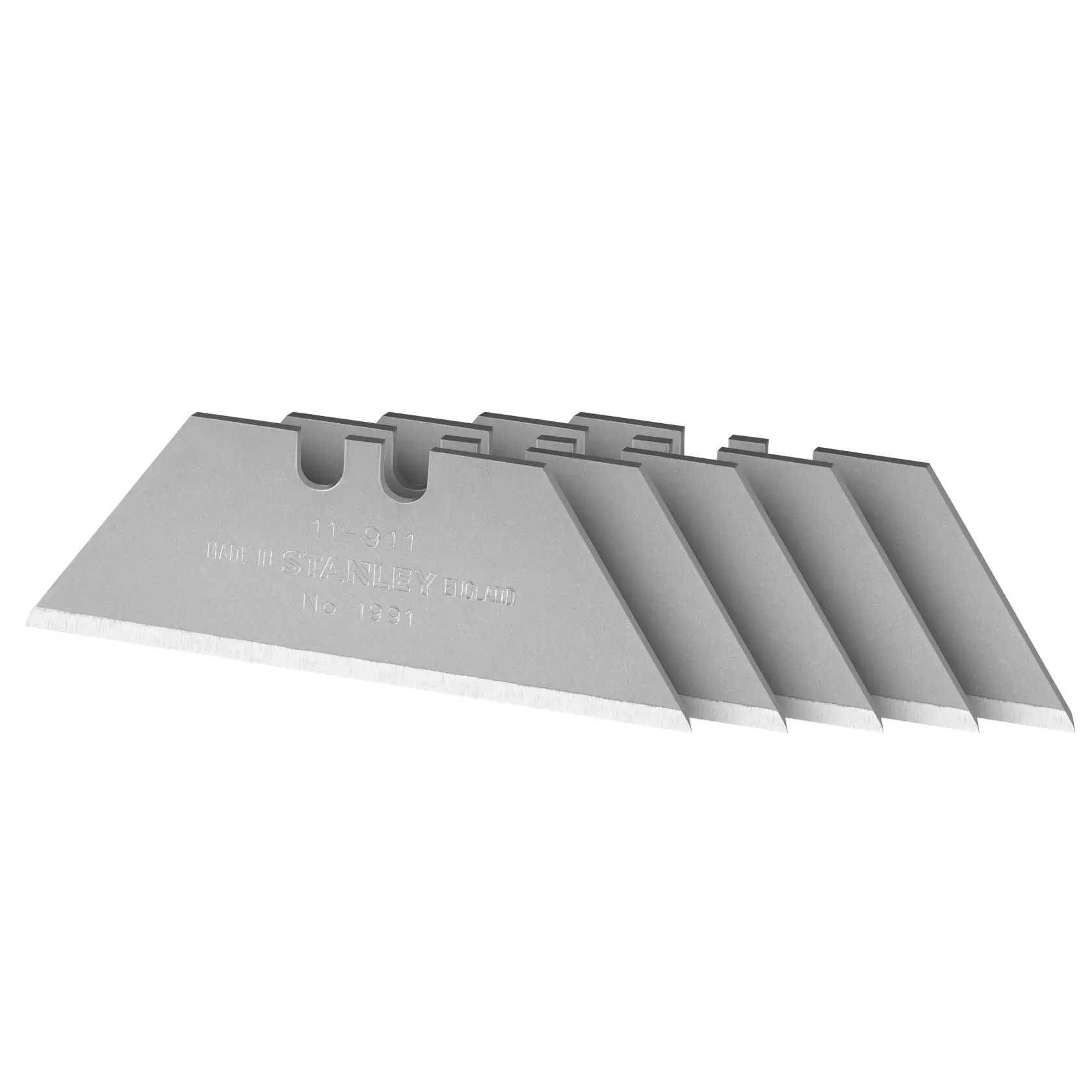 STANLEY 0-11-911 Universalmesser-Klingen, silber, schräg gestapelt, weißer Hintergrund, Produktfoto Vorderansicht.