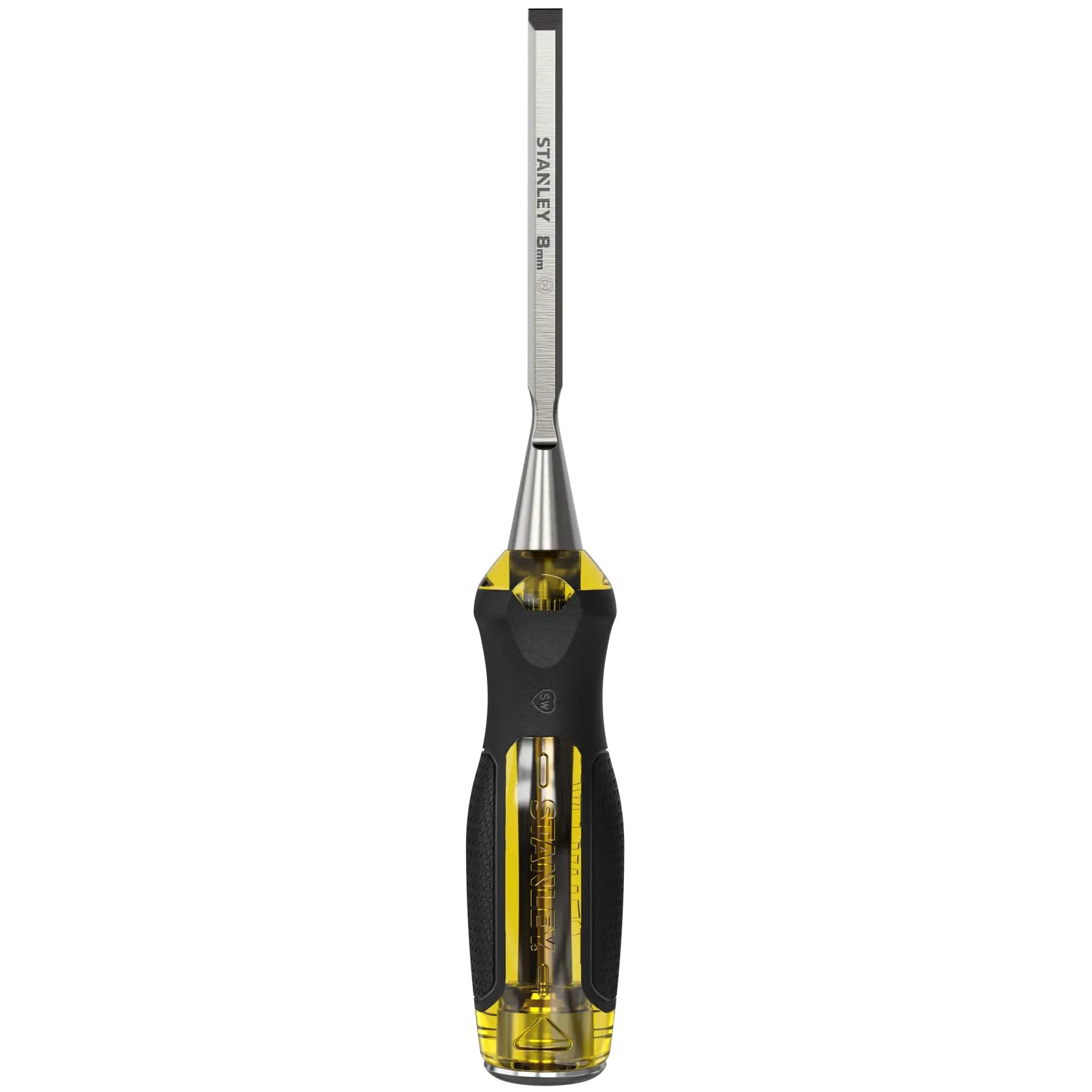 Stanley 8-mm-Meißel mit gelb-schwarzem Griff, geeignet für Holzarbeiten und Schnitzen.