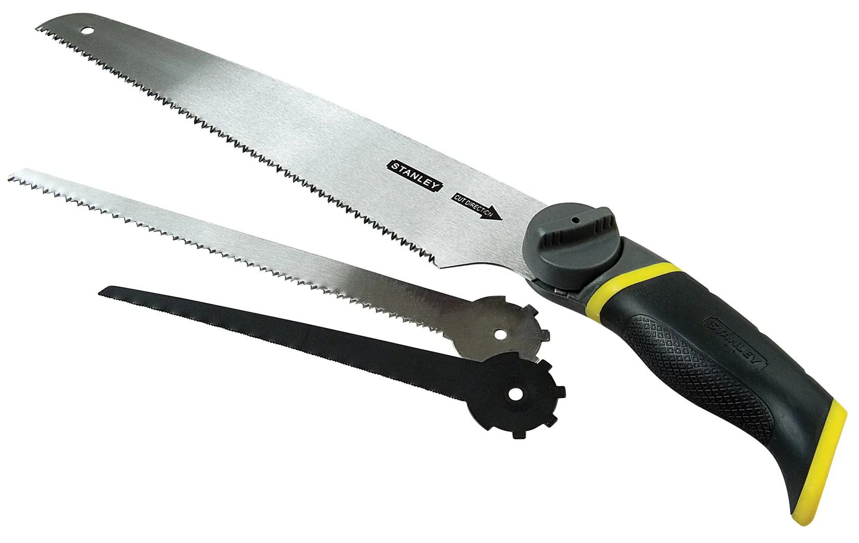 STANLEY 0-20-092 Handsäge mit ergonomischem schwarz-gelbem Griff und zwei auswechselbaren Sägeblättern, Seitenansicht.