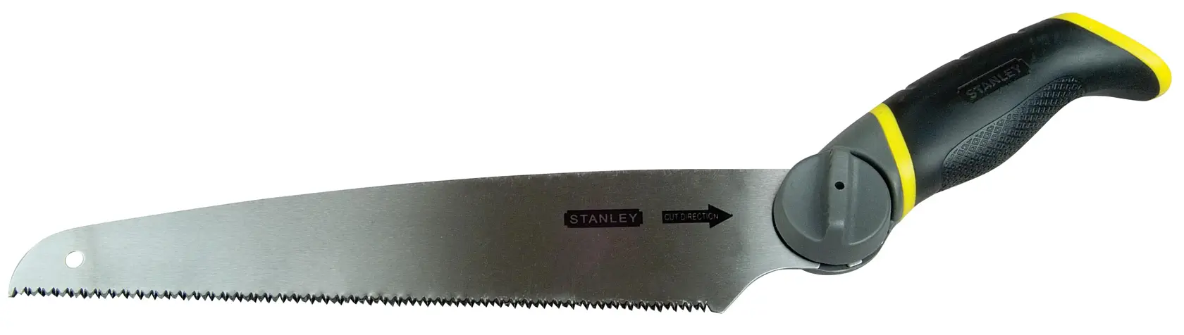 STANLEY 0-20-092 Handsäge mit ergonomischem schwarz-gelbem Griff, Seitenansicht auf weißem Hintergrund.