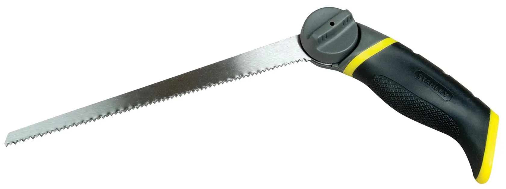 STANLEY 0-20-092 Klappsäge für Trockenbau mit ergonomischem schwarz-gelbem Griff, Seitenansicht, weißer Hintergrund.