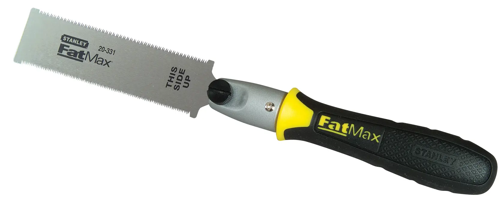 STANLEY 0-20-331 FatMax Klappsäge mit feinen Zähnen und ergonomischem schwarz-gelbem Griff, Seitenansicht auf weißem Hintergrund.