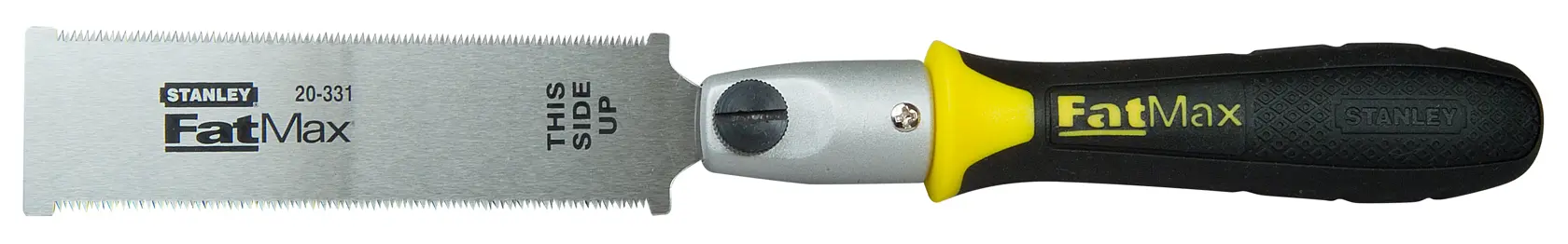 Foto der STANLEY 0-20-331 FatMax Dübelsäge mit schwarzem und gelbem Griff, Ansicht von vorne auf weißem Hintergrund.