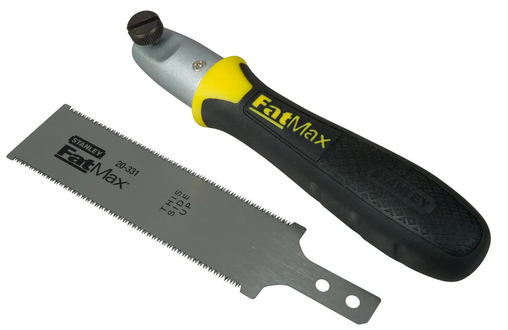 STANLEY 0-20-331 FatMax Handsäge mit schwarz-gelbem Griff, separate gerade Klinge, Winkel auf weißem Hintergrund.