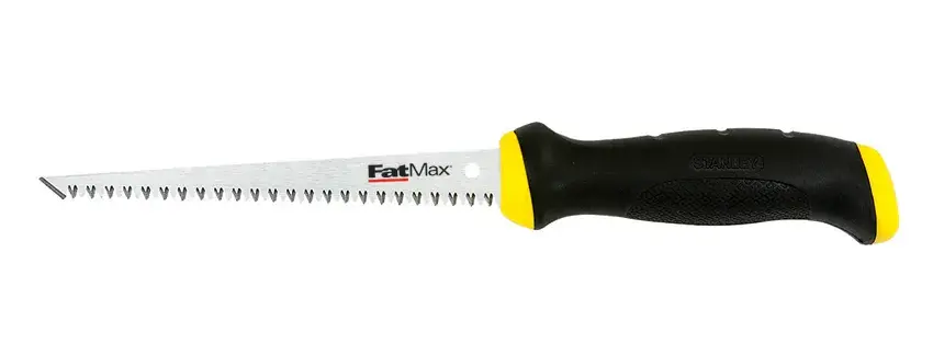 STANLEY 0-20-556 Gipskartonsäge mit ergonomischem schwarz-gelbem Griff, Seitenansicht auf weißem Hintergrund.