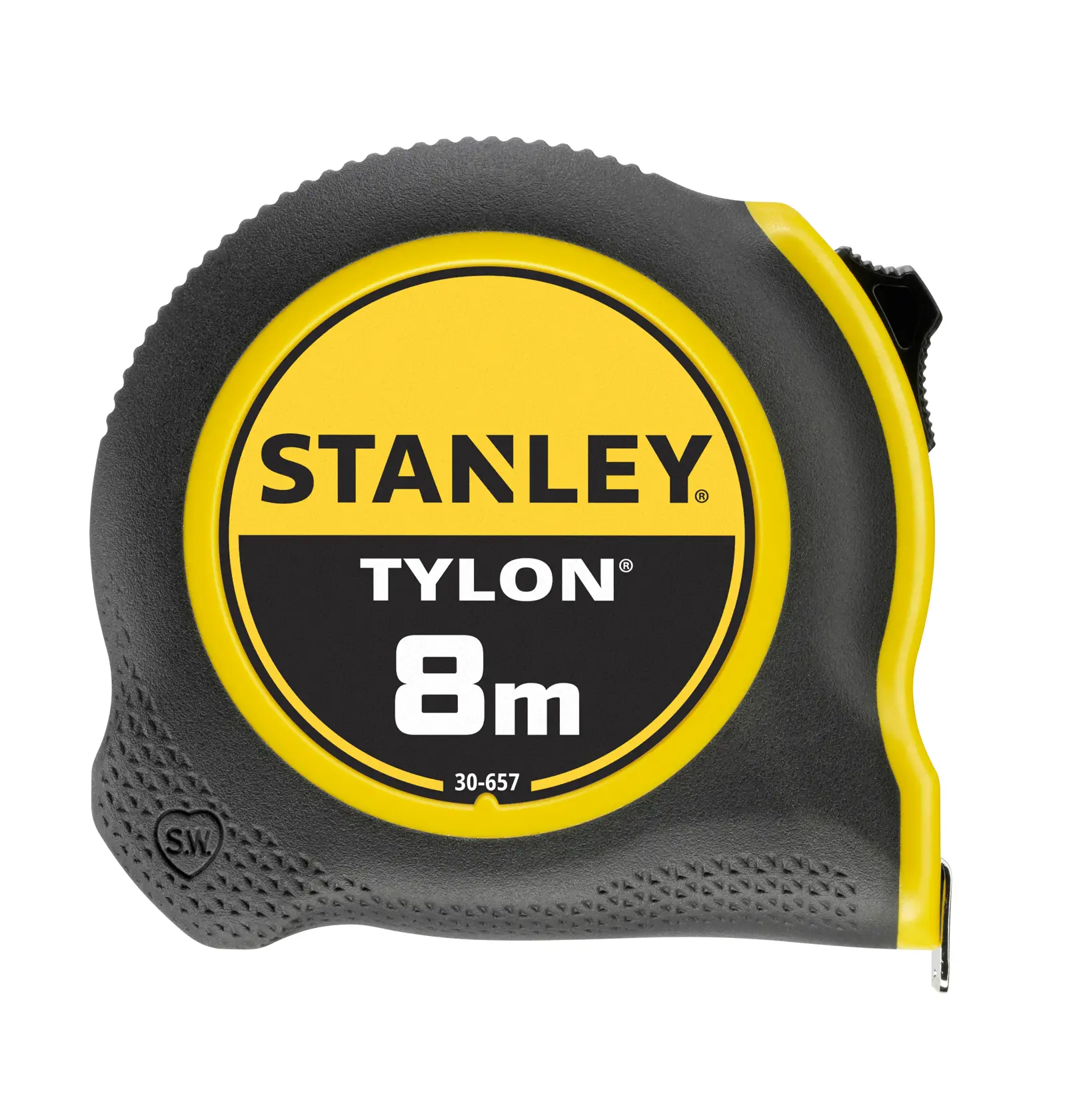 STANLEY 0-30-657 Maßband, 8m, schwarz-gelb, Vorderansicht auf weißem Hintergrund.