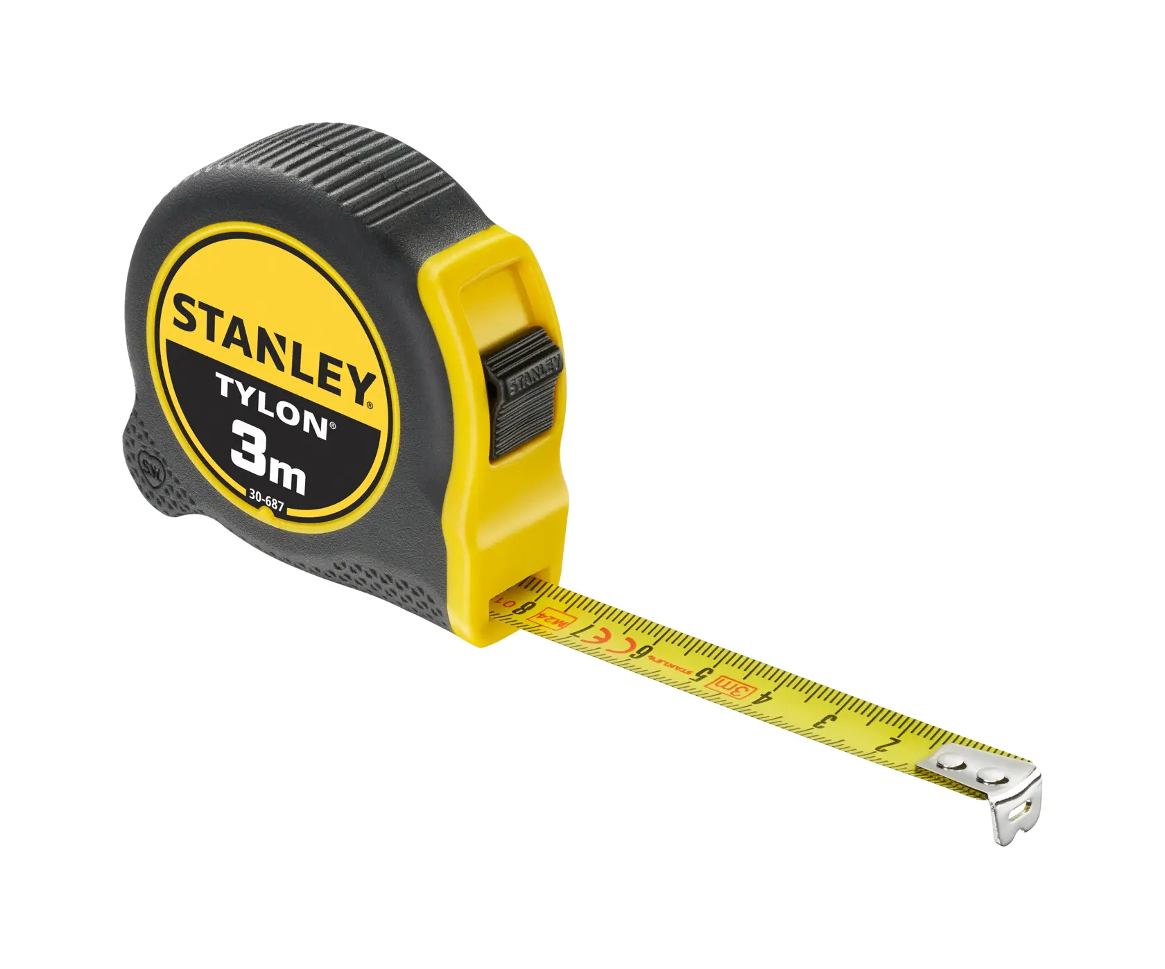 Foto des STANLEY 0-30-687 Tylon 3m Maßbands, schwarz-gelb, Seitenansicht auf weißem Hintergrund.
