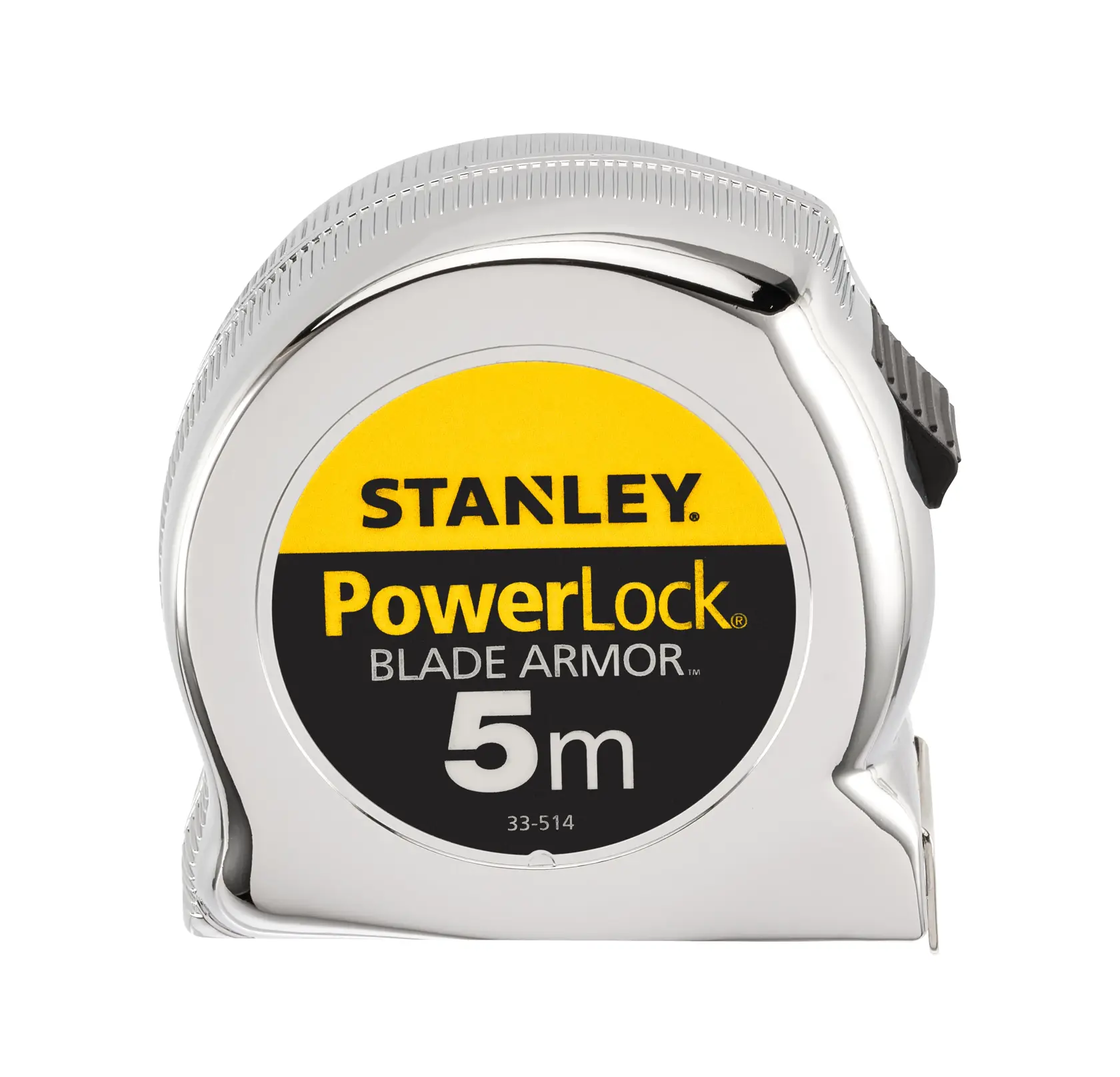Foto des STANLEY 0-33-514 Maßbands mit Chromgehäuse, PowerLock-Logo, 5m Länge, Vorderansicht.