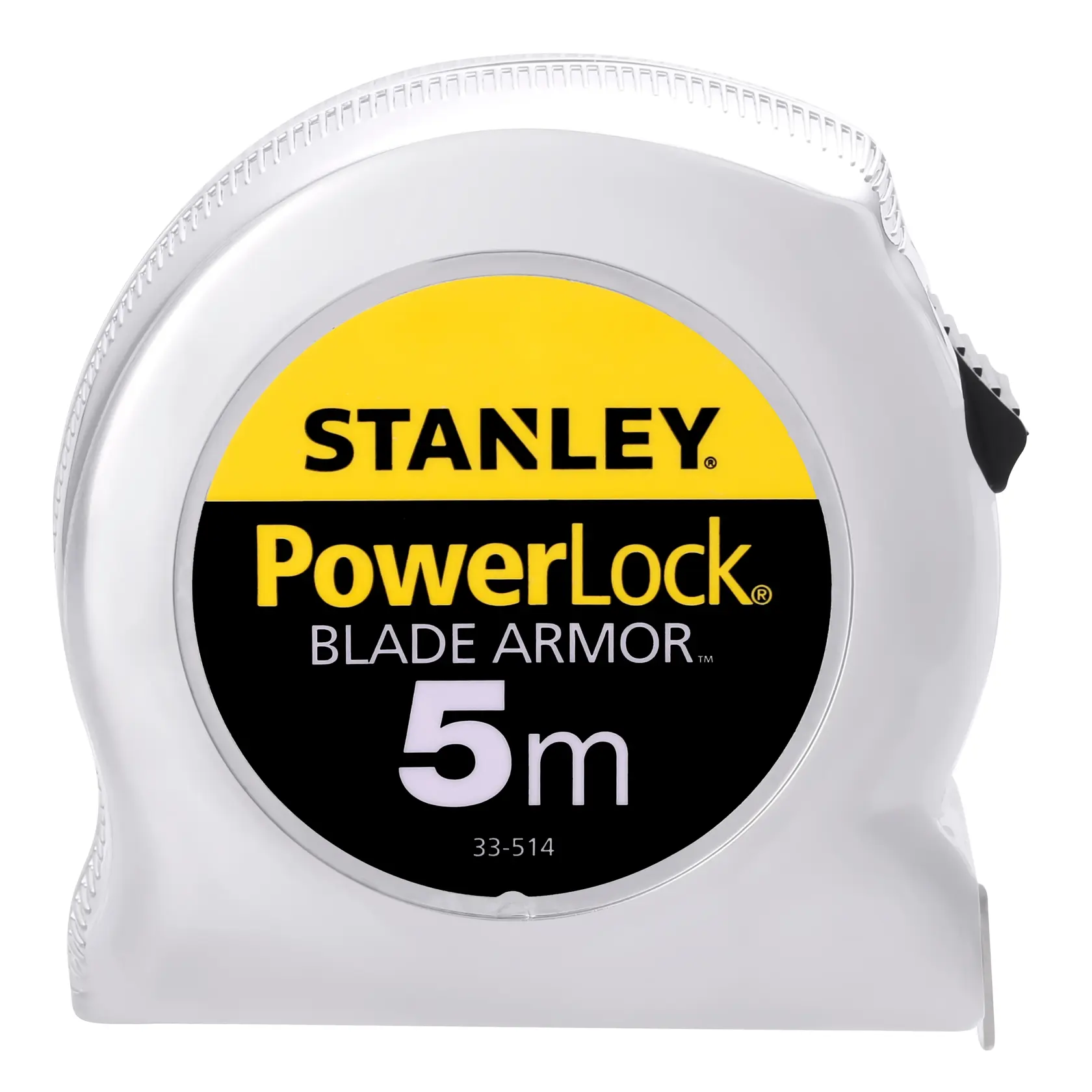 Foto des STANLEY PowerLock 5m Maßbands, SKU 0-33-514, Vorderansicht, silbernes Gehäuse mit gelb-schwarzem Etikett.