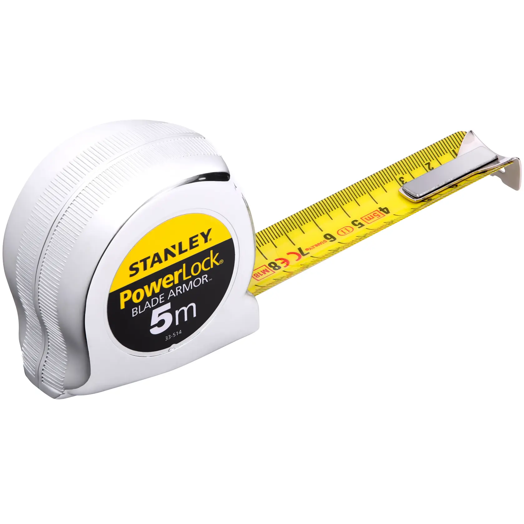 Stanley PowerLock Maßband, 5m Länge, weißes Gehäuse, gelbes Band ausgezogen.