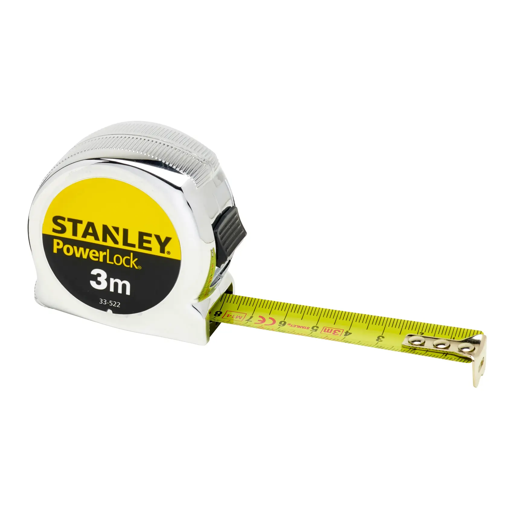 Stanley PowerLock Maßband, 3m Länge, gelbes Band ausgezogen aus verchromtem Gehäuse.