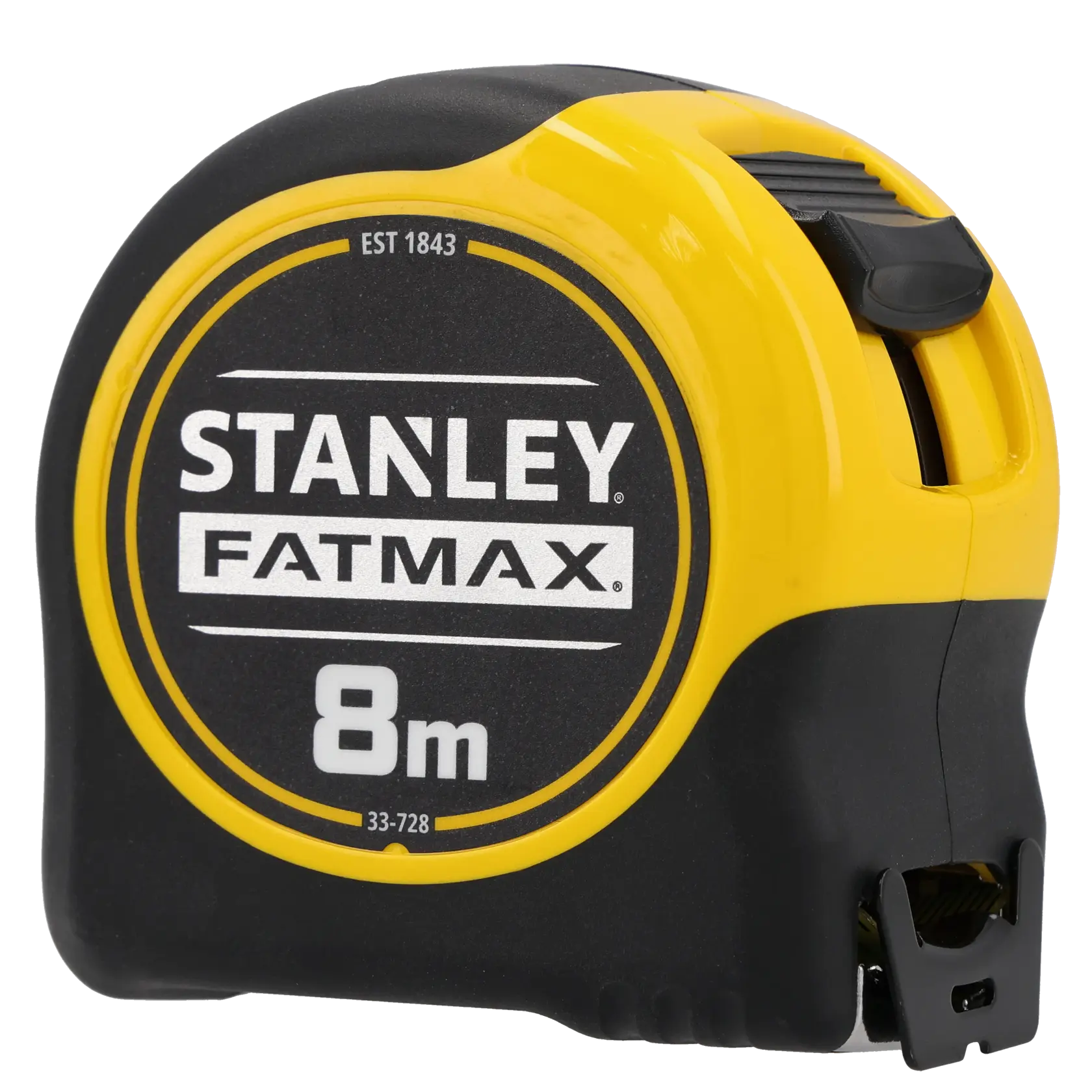 STANLEY 0-33-728 Maßband, 8 Meter, FATMAX Serie, schwarz-gelb, Vorderansicht auf weißem Hintergrund.