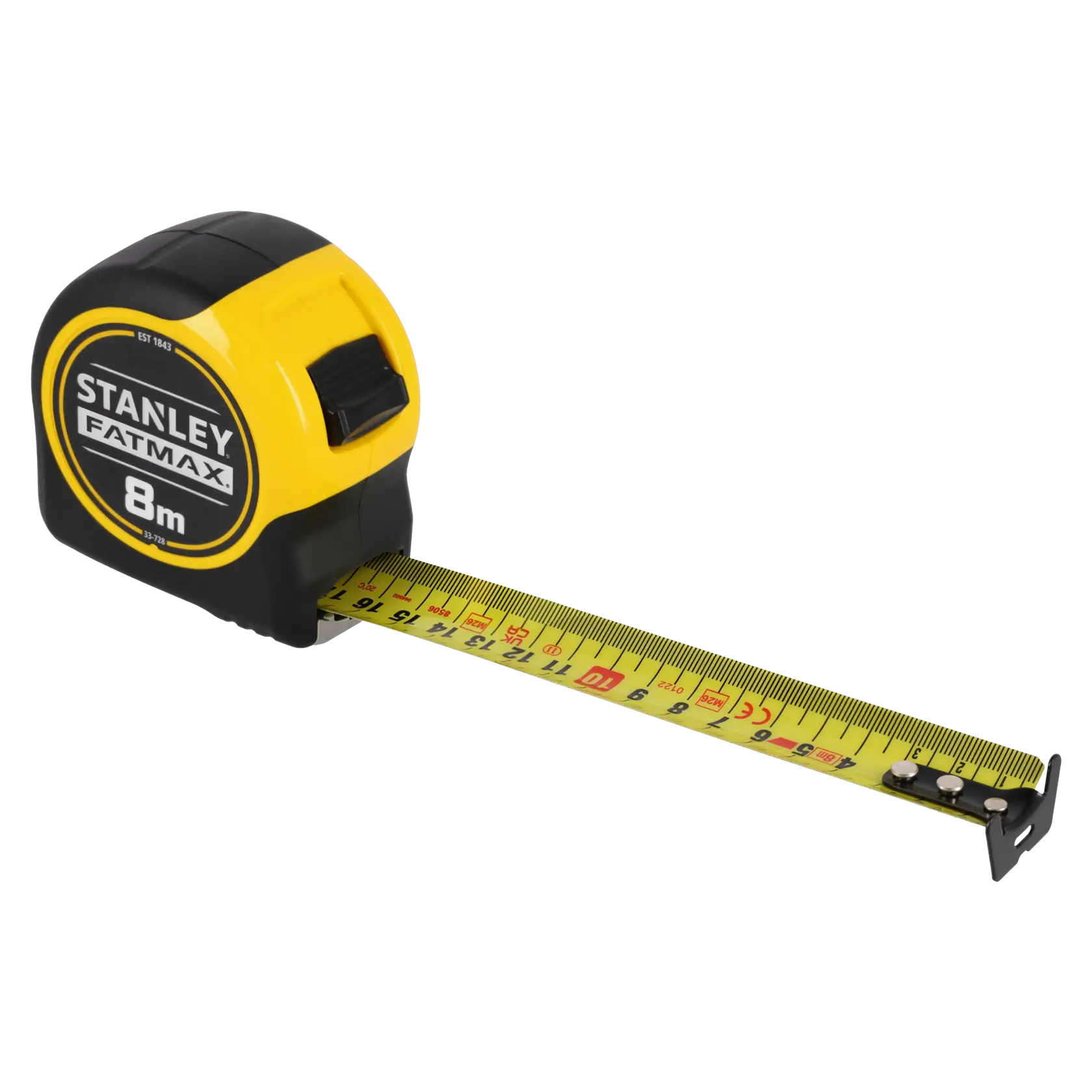 STANLEY 0-33-728 Maßband, FATMAX 8m, Gehäuse in Schwarz und Gelb, gelbes Band ausgezogen, Vorderansicht.