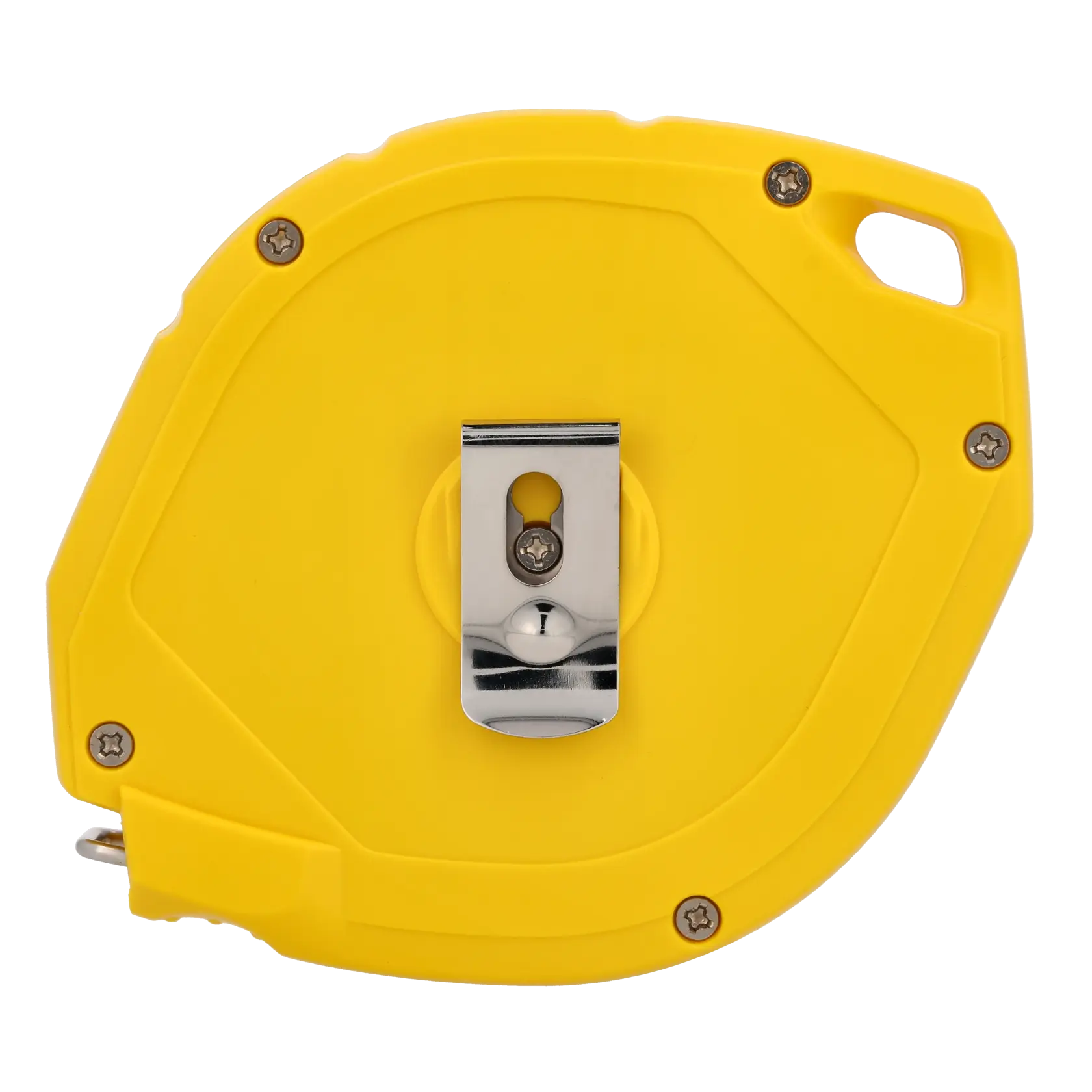STANLEY 0-34-105 gelbes Maßband mit Metall-Gürtelclip, Rückansicht, auf weißem Hintergrund.
