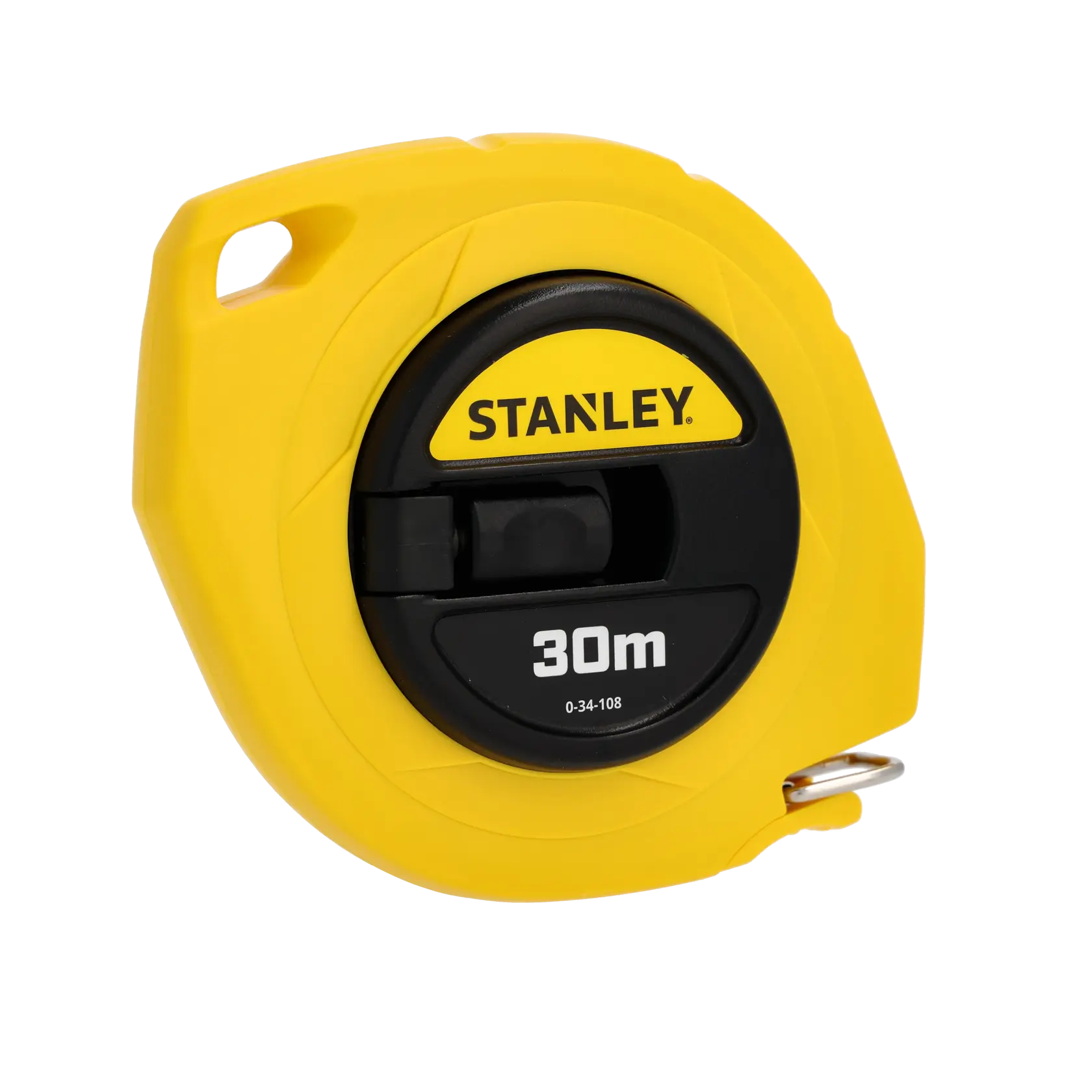 Foto vom Stanley 0-34-108 gelben Glasfaser-Maßband, 30m, schräg auf weißem Hintergrund.